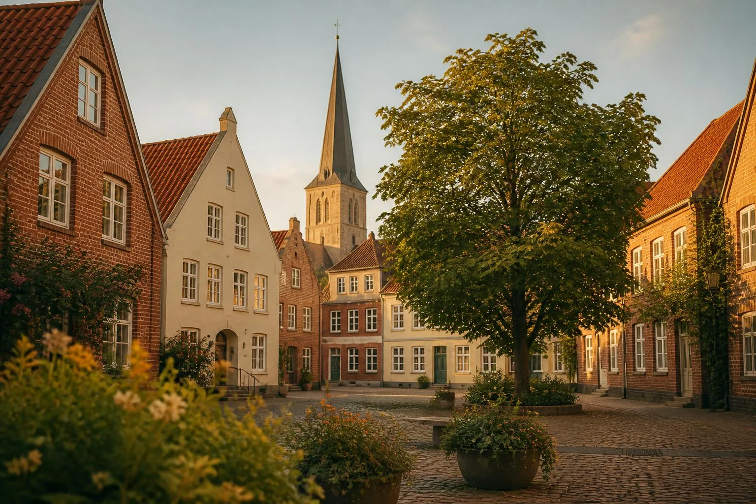 Backsteingiebel und helle Häuser um einen gepflasterten Platz mit Kastanie und Pflanzkübeln, Kirchturm dahinter