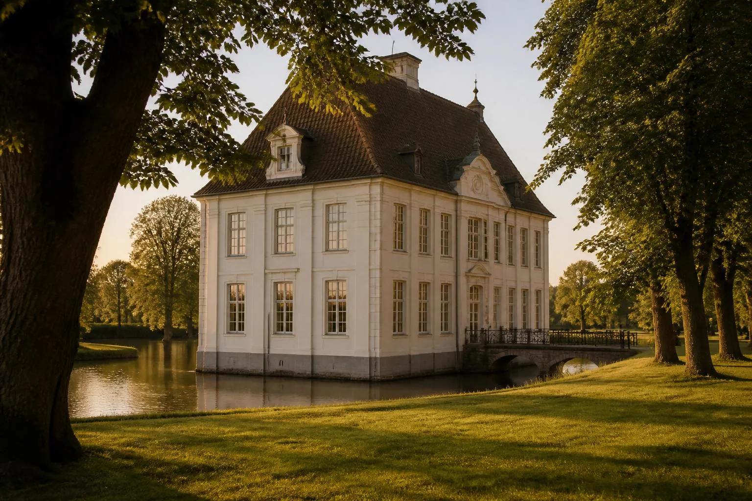 Weißes Herrenhaus mit steilem Dach hinter einem Wassergraben und alten Lindenbäumen