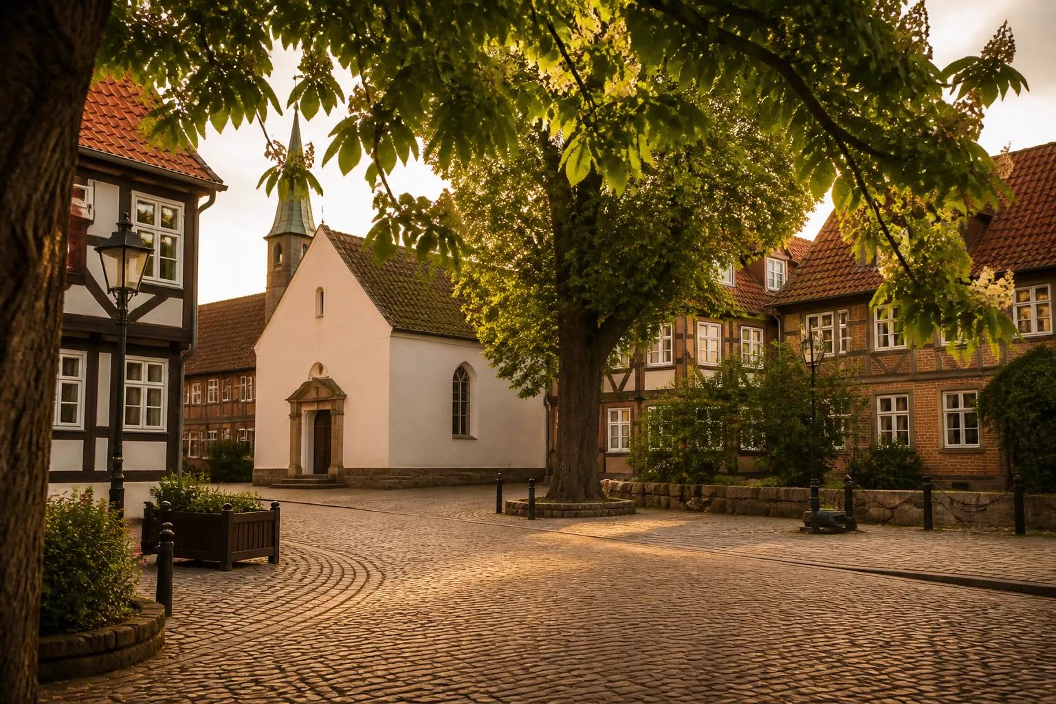 Gepflasterter Platz mit weißer Kapelle, Fachwerk- und Backsteinhäusern unter alten Kastanien