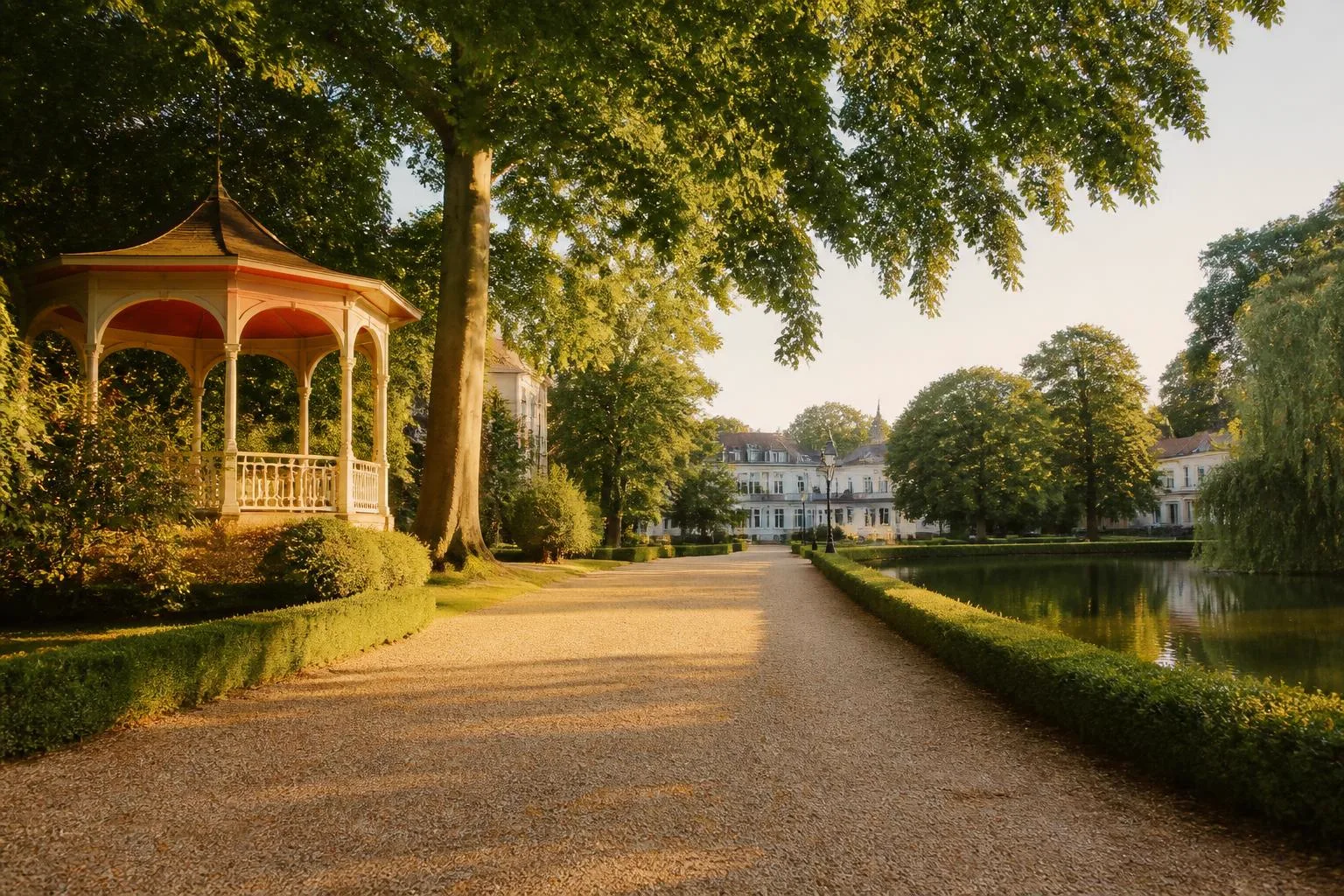 Breiter Kiesweg durch einen Kurpark mit geschnittenen Hecken, Pavillon und Teich