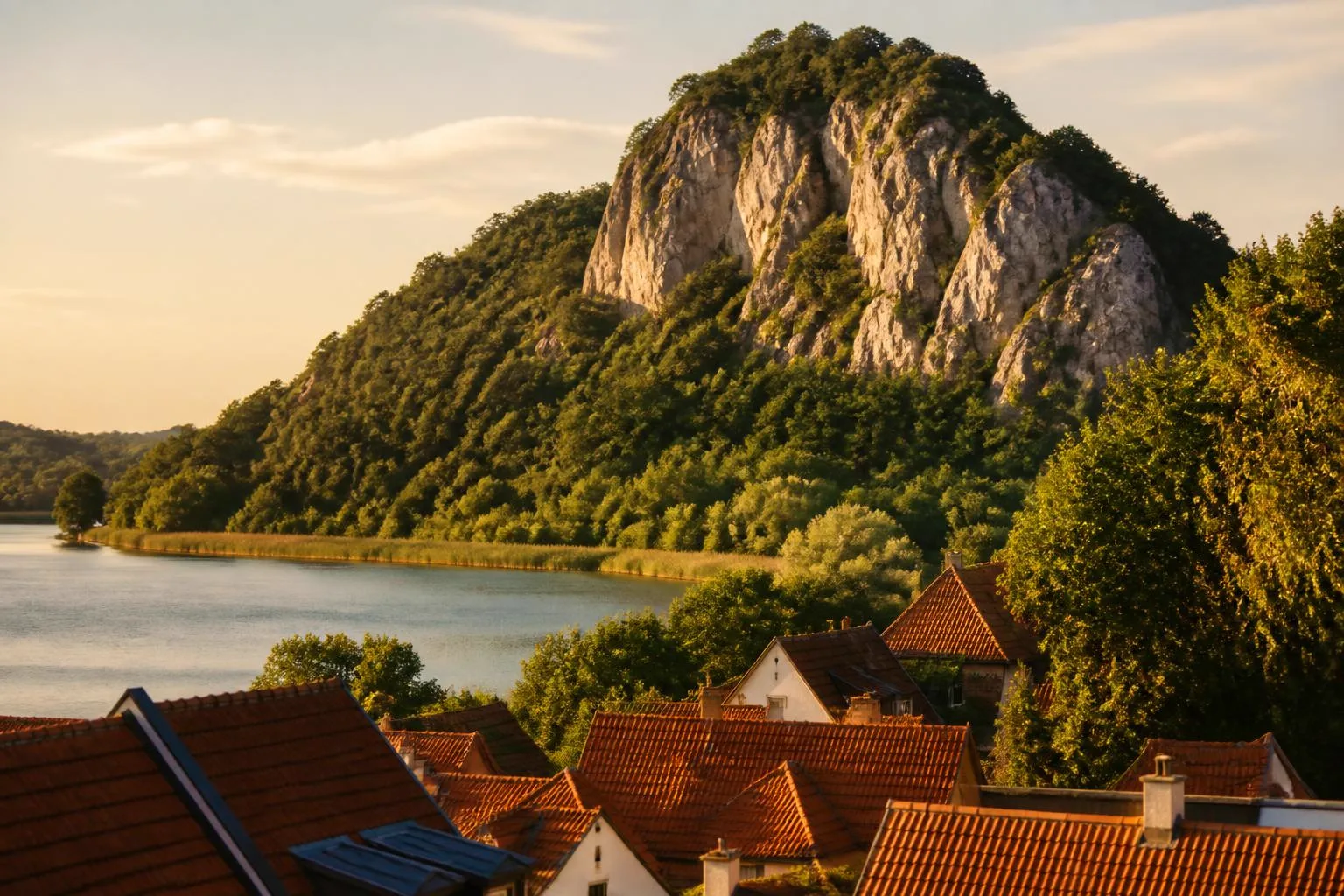 Bewaldeter Kalkfelsen über den Ziegeldächern einer Kleinstadt am See