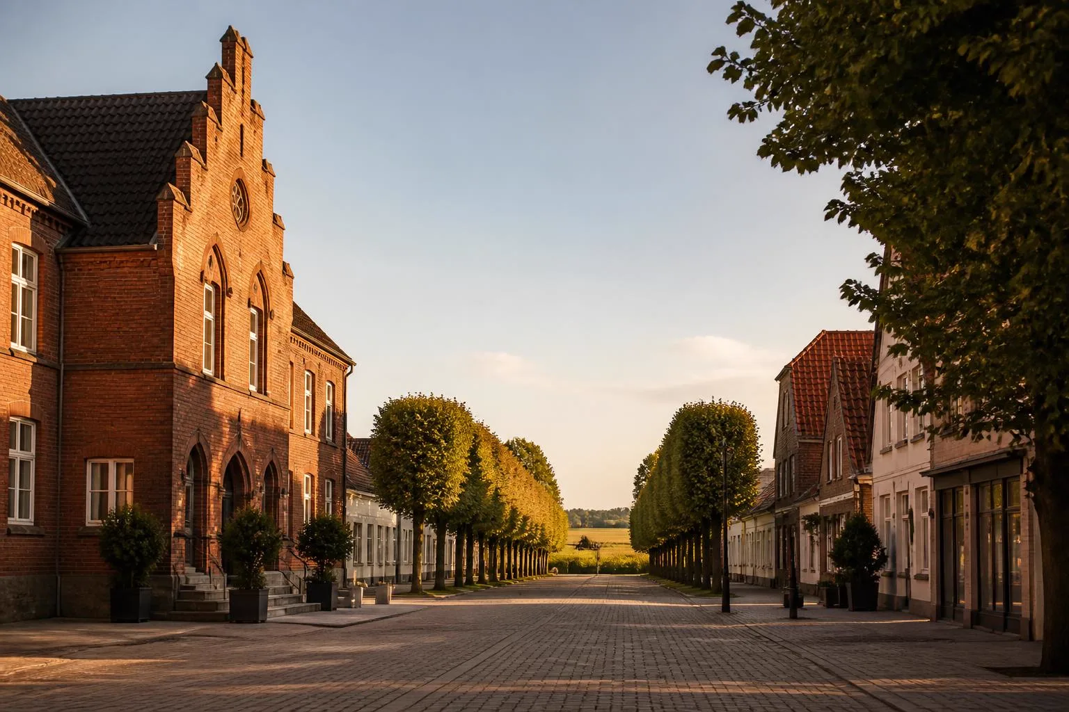 Backsteingebäude an einem gepflasterten Platz, eine Lindenallee führt hinaus in die Feldmark