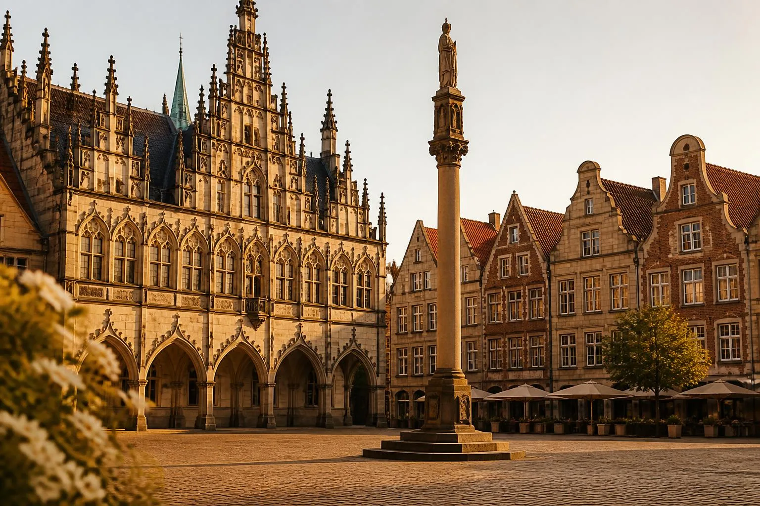 Weiter gepflasterter Marktplatz mit reich verzierten Giebelfassaden und einer steinernen Standbildsäule