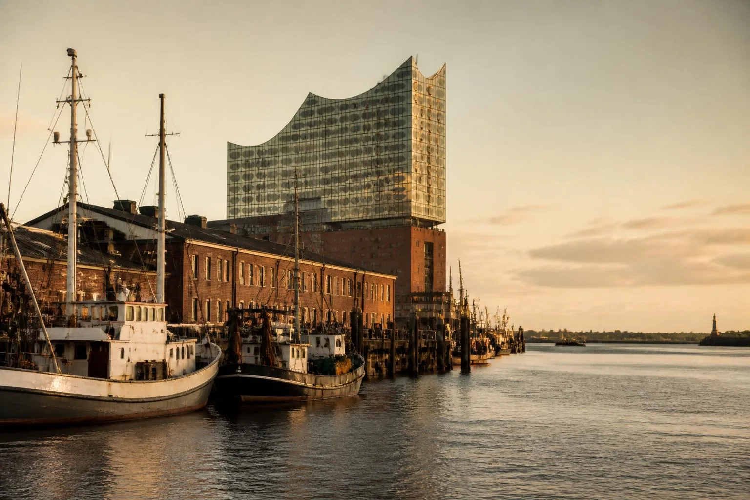 Hafenbecken mit vertäuten Fischkuttern vor Backsteinkais und einem geschwungenen Glasbau am Wasser