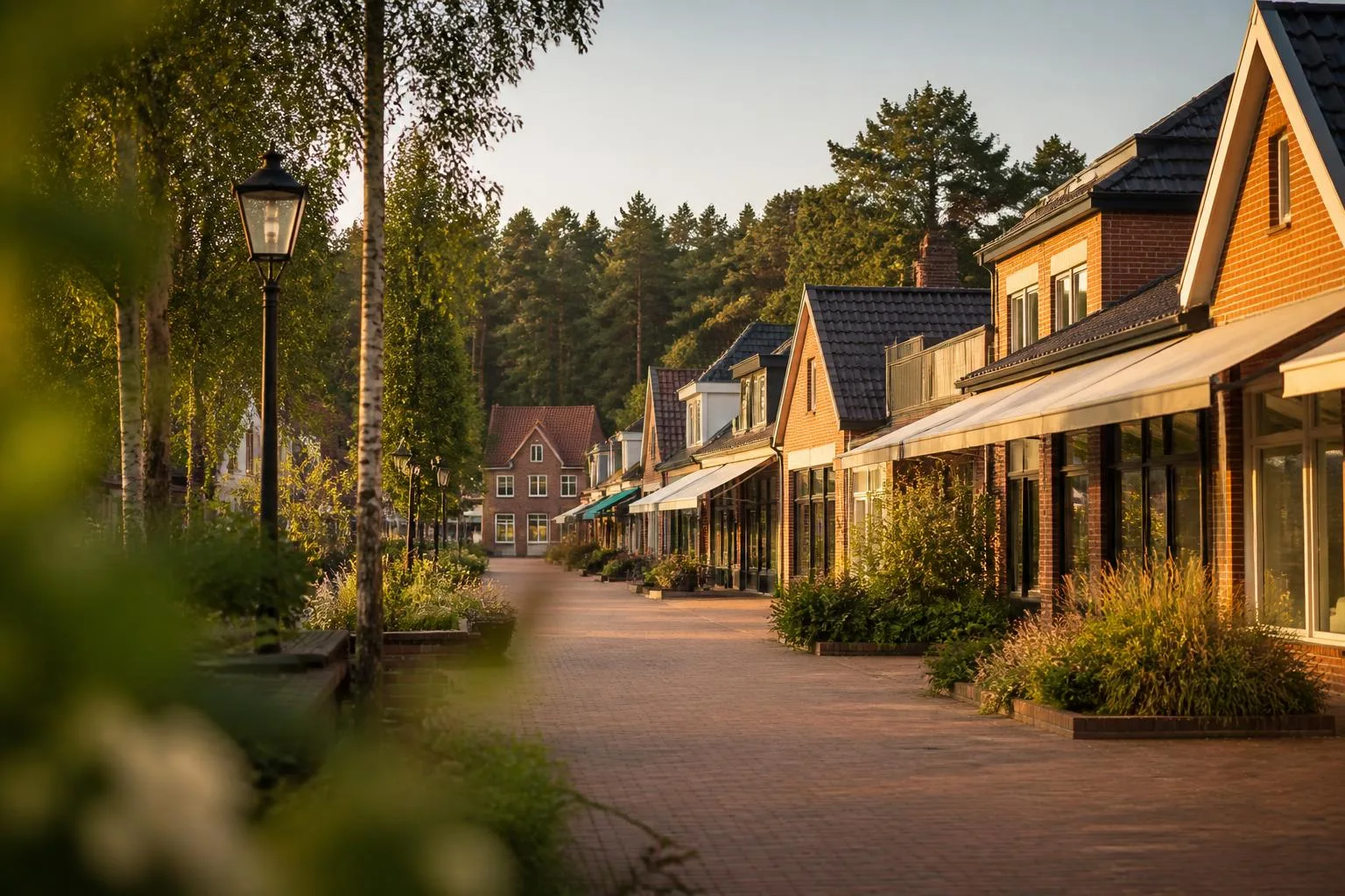 Ruhige gepflasterte Geschäftsstraße mit niedrigen Backsteinhäusern, Pflanzbeeten und Kiefernwald dahinter