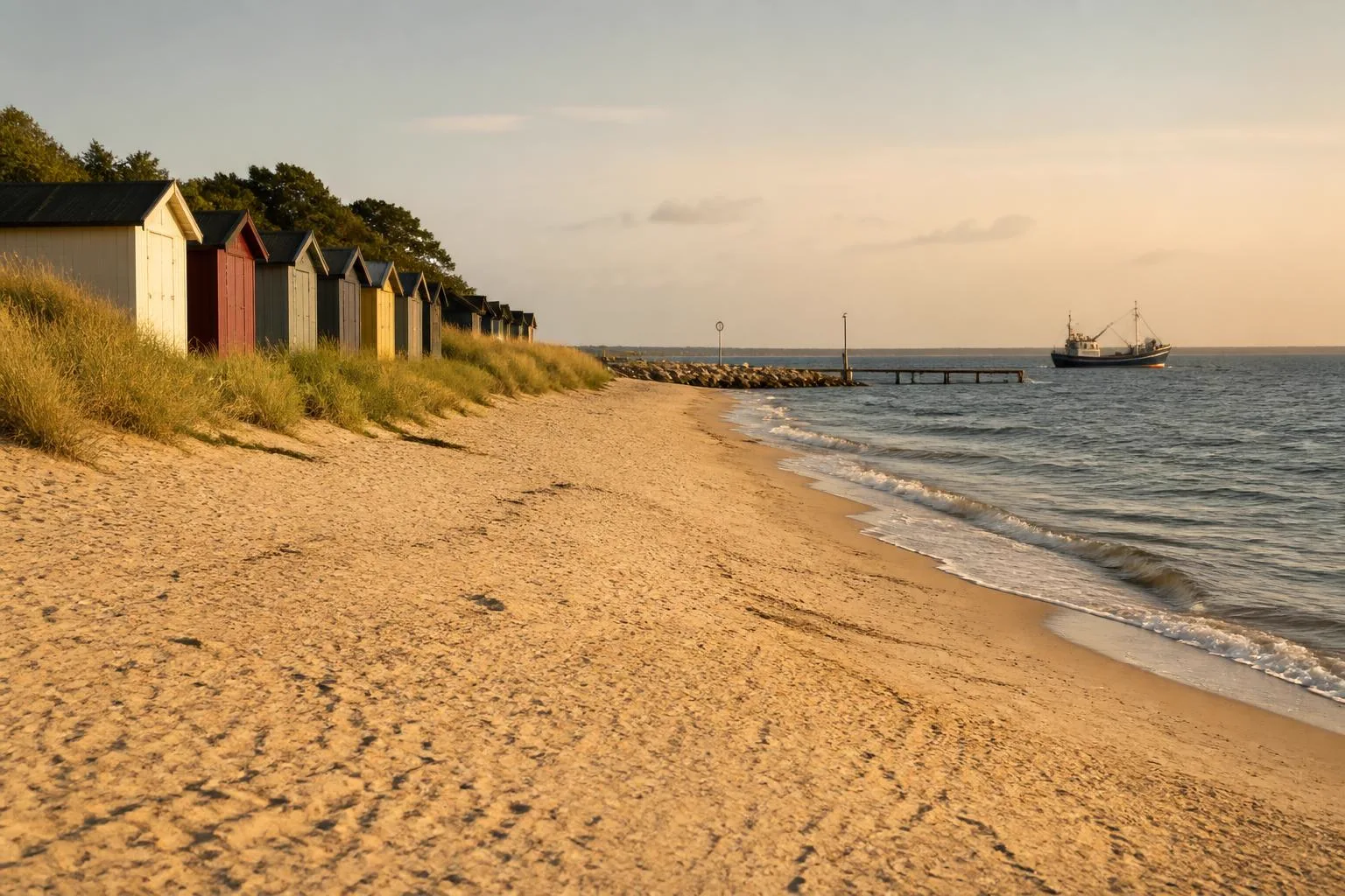 Feiner Sandstrand mit bunten Strandhütten, ein Kutter draußen auf dem Wasser