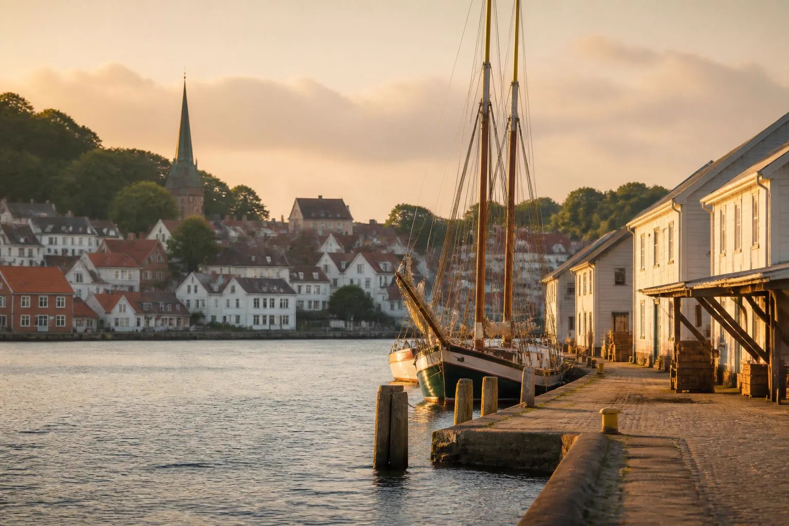 Hafenbecken am Ende einer schmalen Förde mit Segelschiff, dahinter weiße Häuser an bewaldeten Hängen