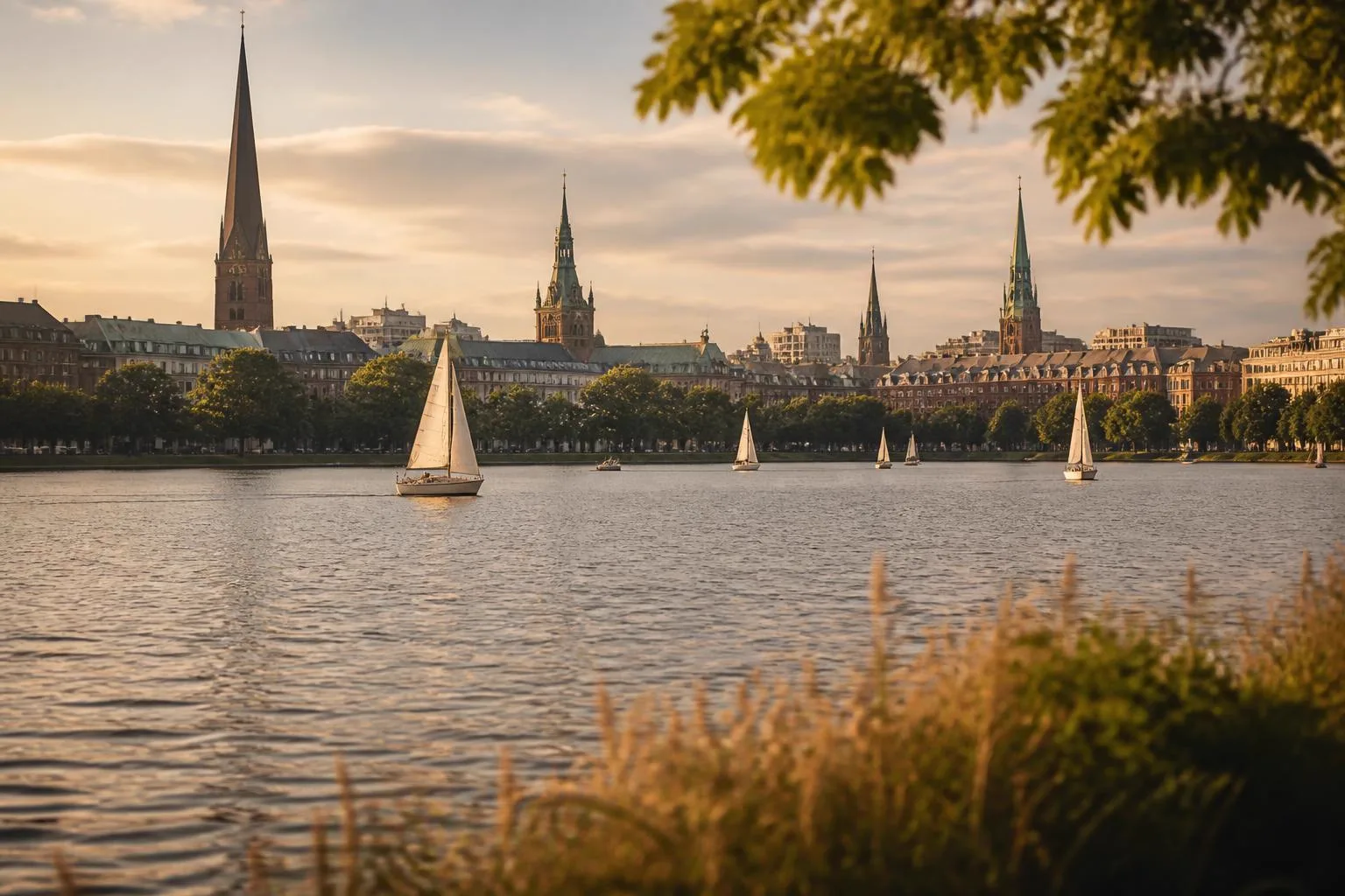 Weites Binnengewässer mit Segelbooten, dahinter eine Stadtsilhouette mit Kirchtürmen und Baumreihen