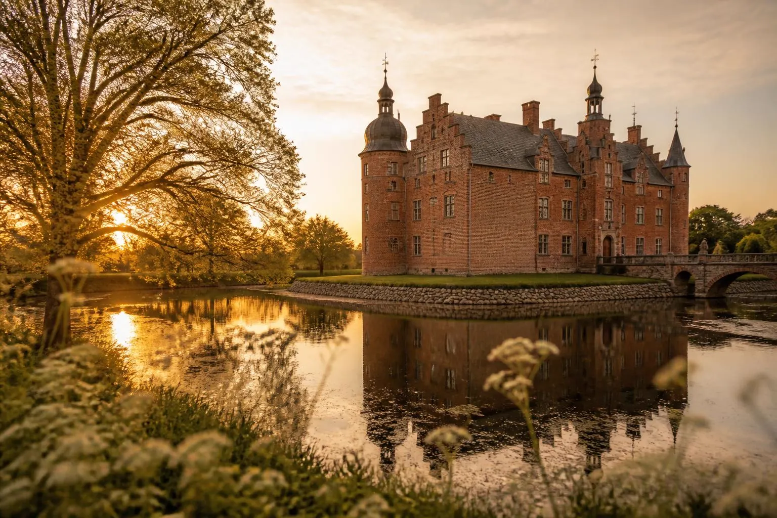Kleines Backsteinschloss mit Wassergraben und alten Bäumen im Abendlicht