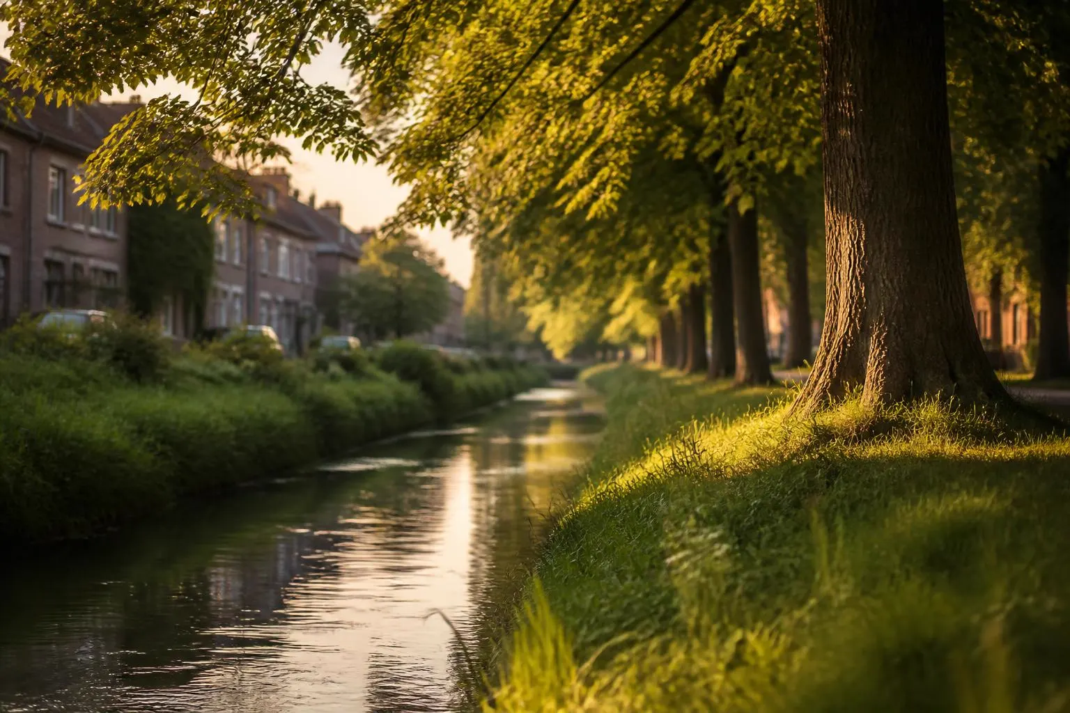 Kleiner Wasserlauf mit grünen Ufern und einer Kastanienallee im Abendlicht