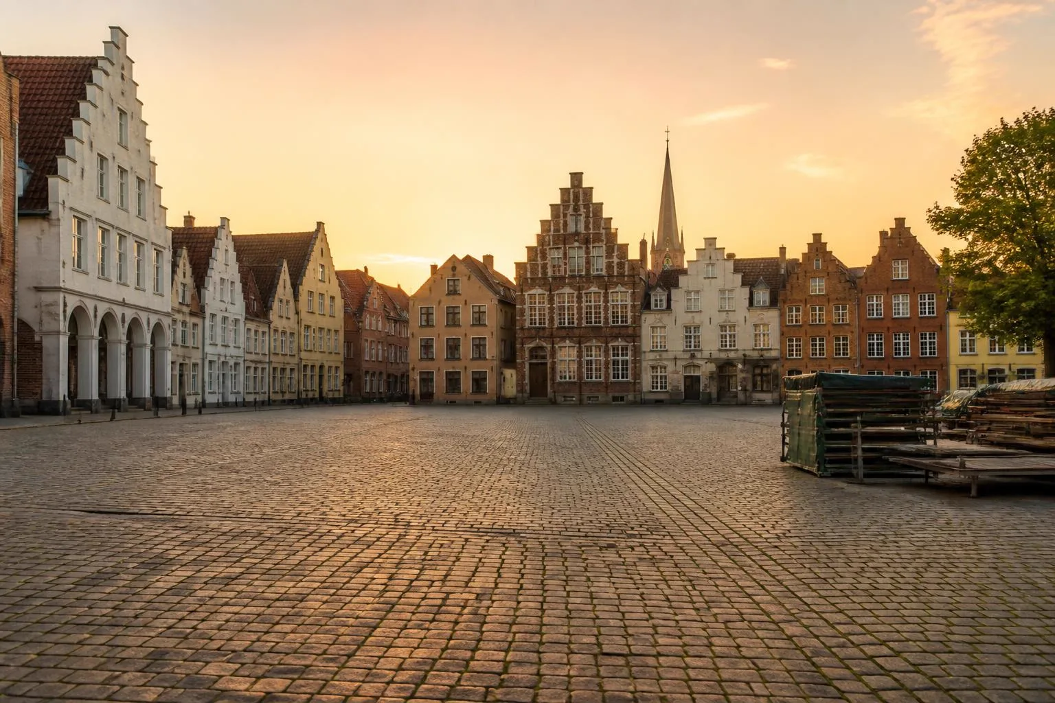 Weiter gepflasterter Marktplatz, umstanden von niedrigen Giebelhäusern im Abendlicht