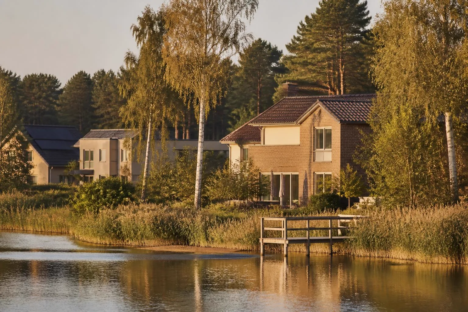 Kleiner See mit Schilf und Holzsteg, dahinter Wohnhäuser zwischen Birken und Kiefern