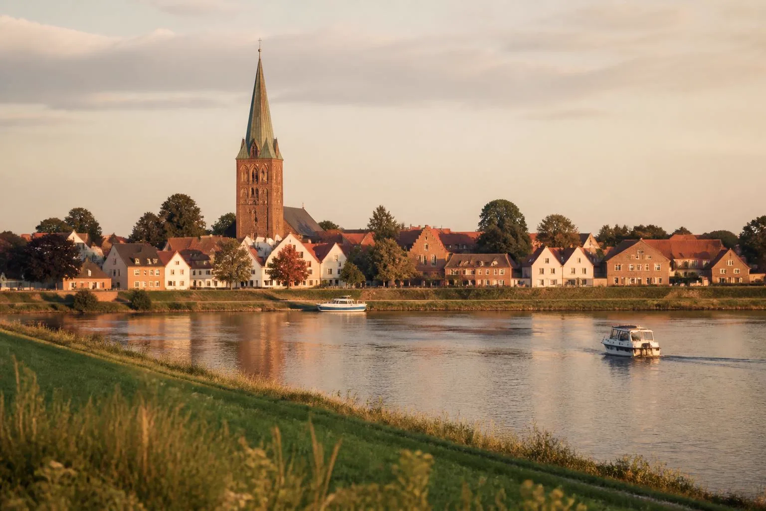 Backsteinkirchturm über einer kleinen Altstadt an einer weiten Flussschleife mit Deich