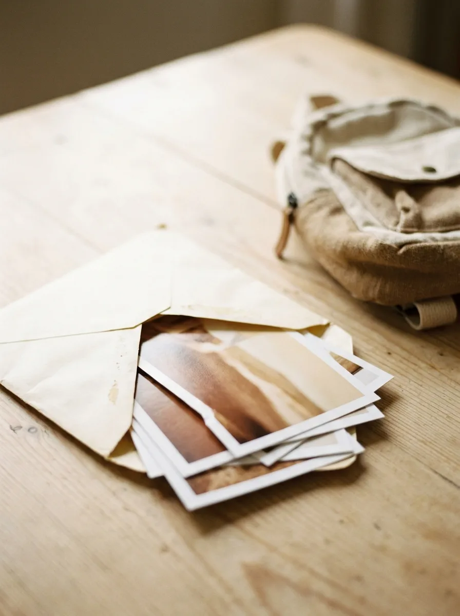 Umschlag mit Fotoabzügen auf einem Holztisch neben einem Kinderrucksack