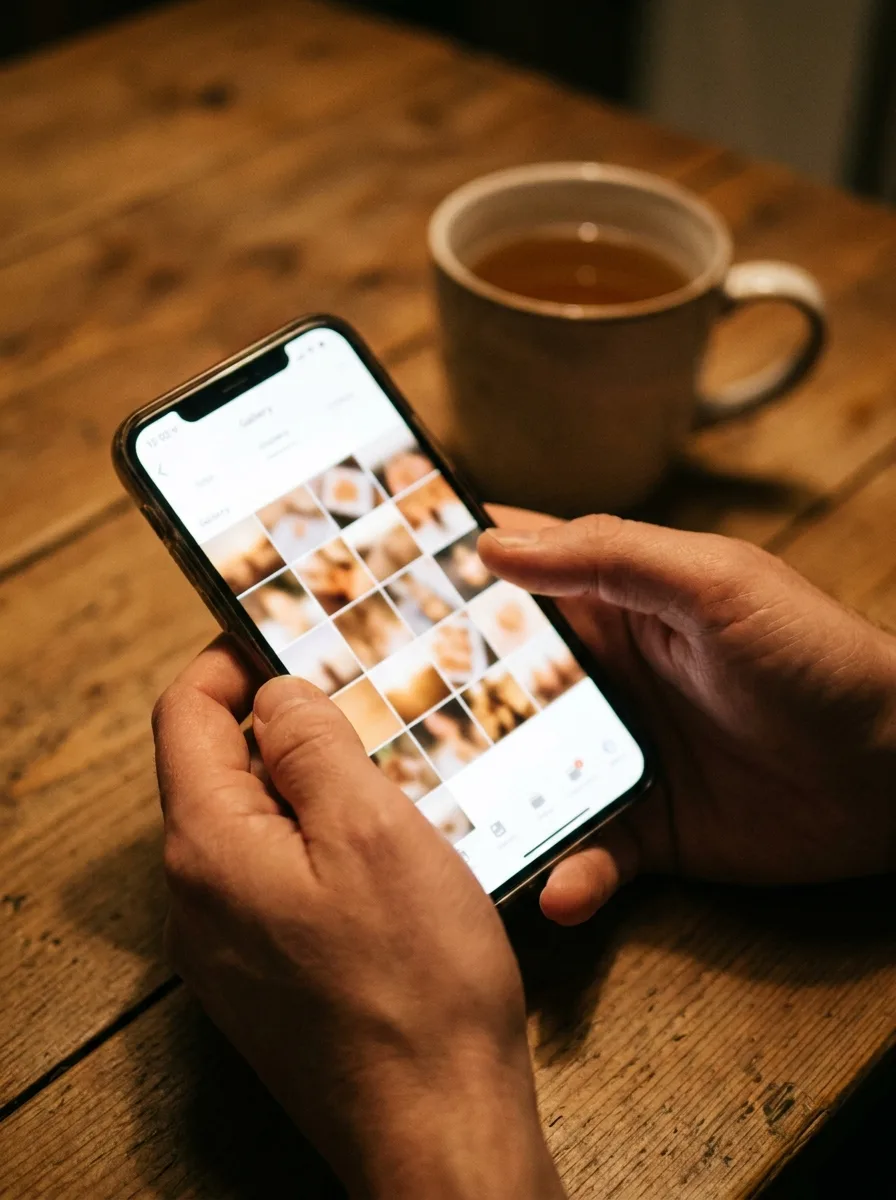 Hände halten ein Smartphone mit einer Bildergalerie an einem Holztisch