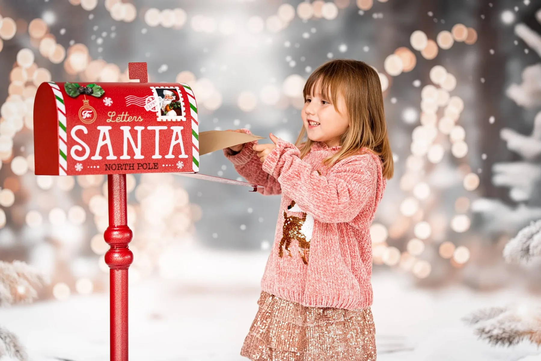 Kinderfotografie: Mädchen steckt einen Brief in einen roten Weihnachtsbriefkasten im Winterset