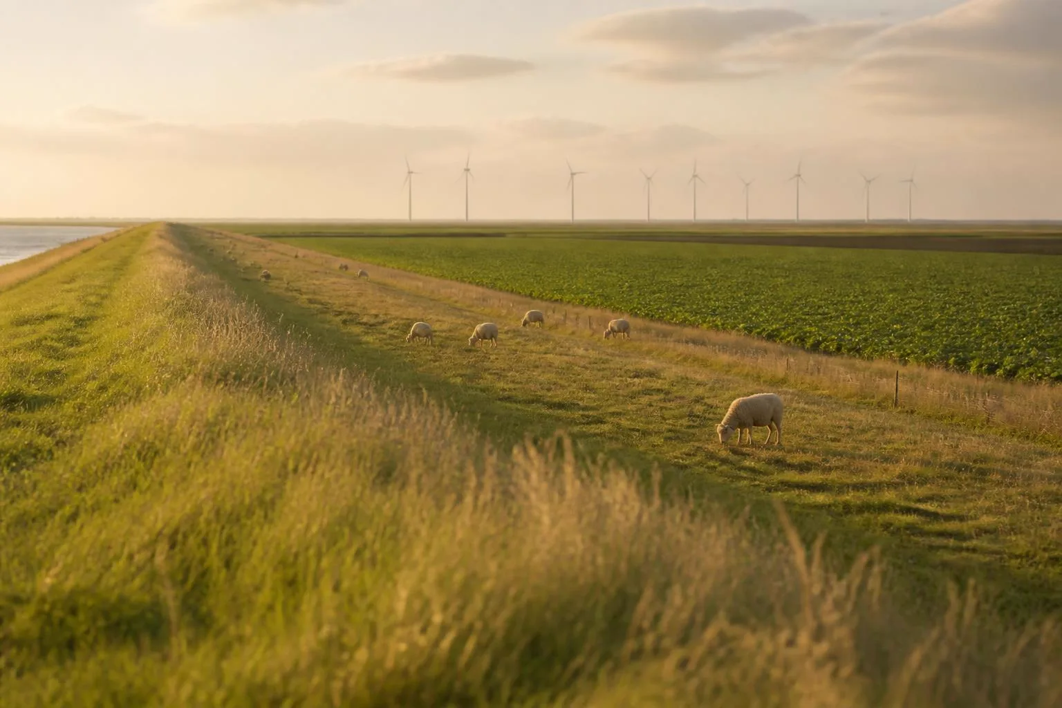 Grasbewachsener Seedeich mit weidenden Schafen vor weiten Gemüsefeldern