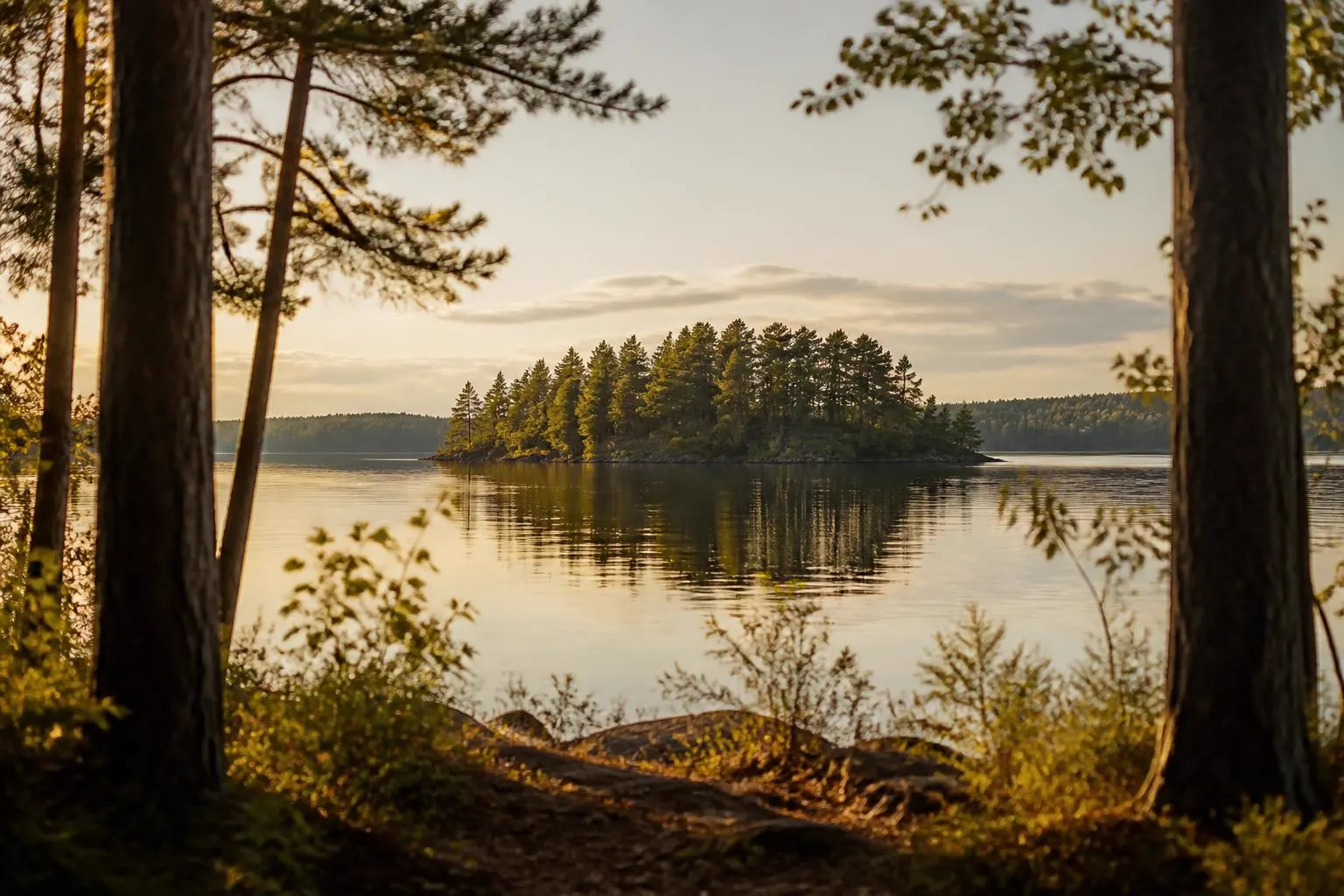 Ruhiger See mit einer bewaldeten Insel, gesehen zwischen Baumstämmen am Ufer