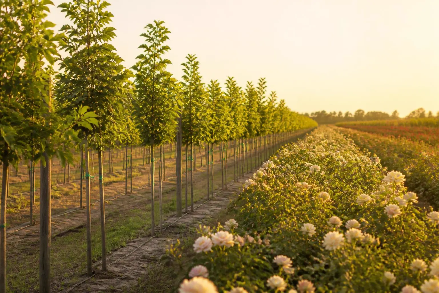 Baumschulreihen neben blühenden Rosenfeldern im warmen Abendlicht