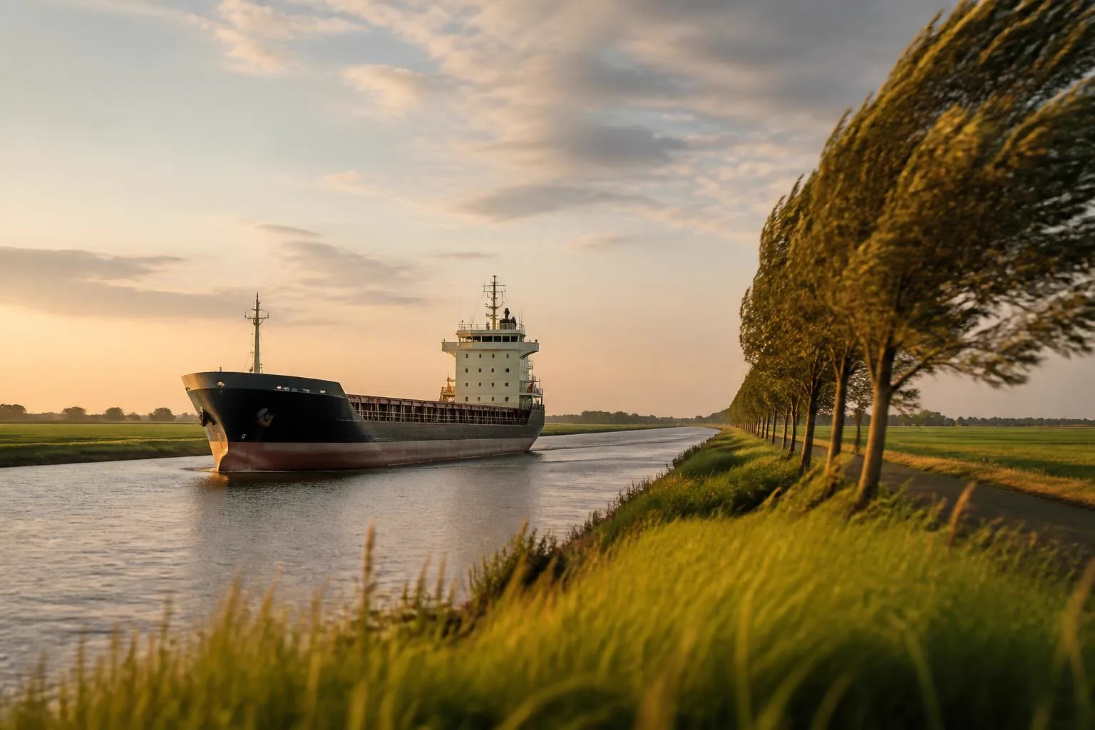 Breiter Schifffahrtskanal durch flaches Weideland, ein Frachtschiff zwischen grünen Ufern