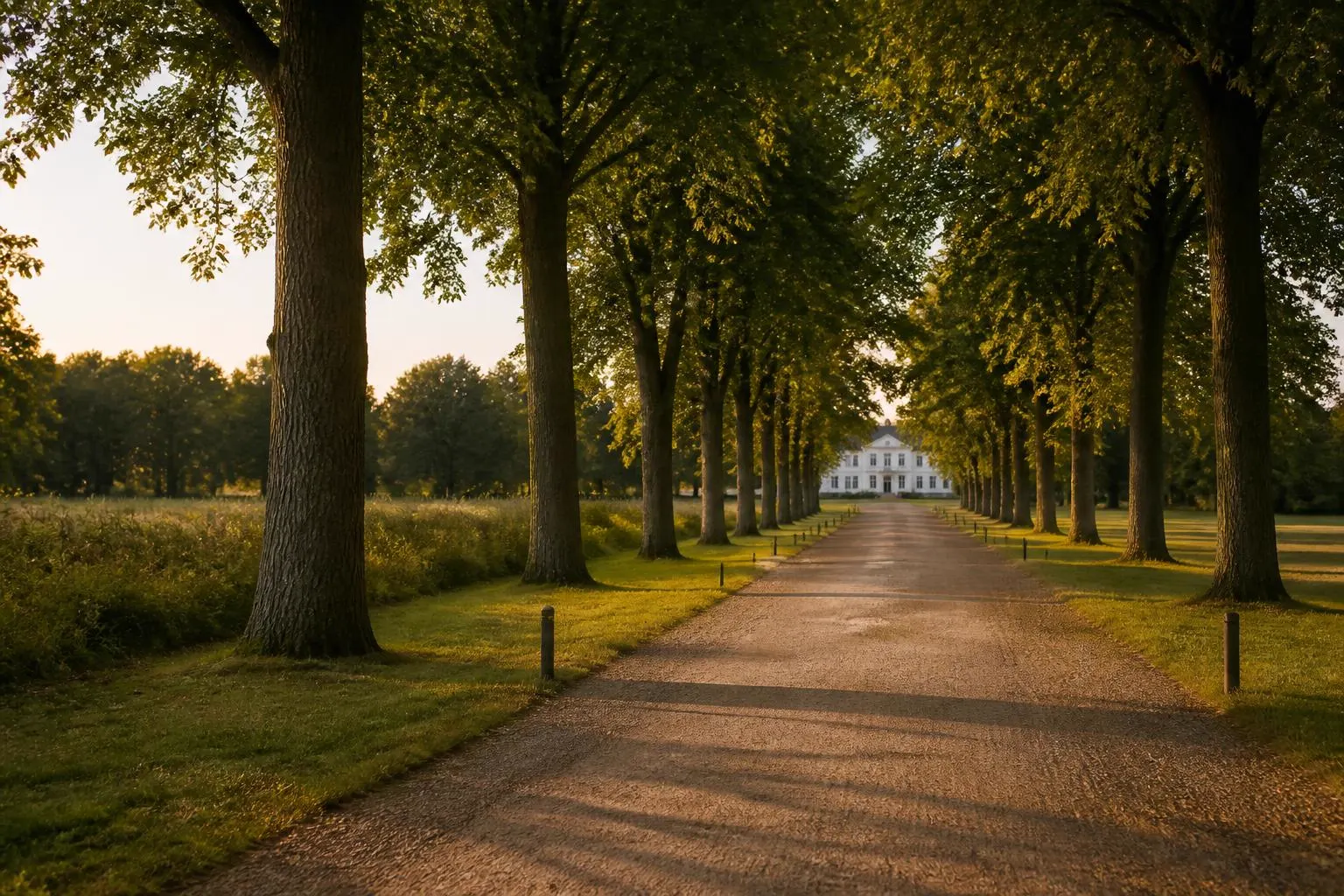Baumallee in einem Park, in der Ferne ein weißes Herrenhaus