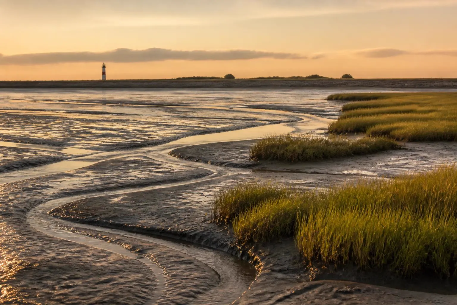 Wattlandschaft mit Prielen bei Ebbe, am Horizont ein kleiner Leuchtturm