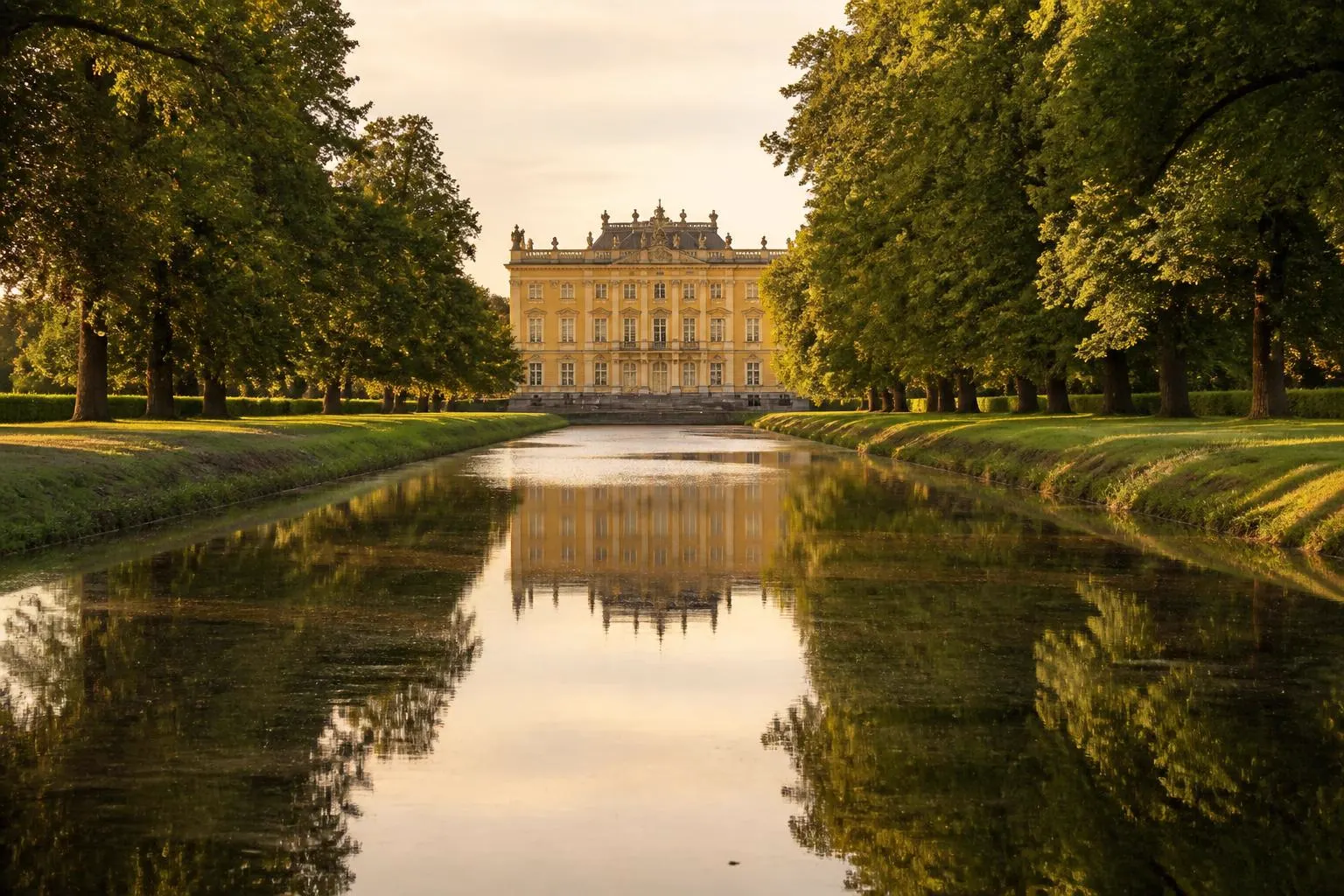 Barock anmutendes Schloss am Ende eines Parkkanals in der Abendsonne