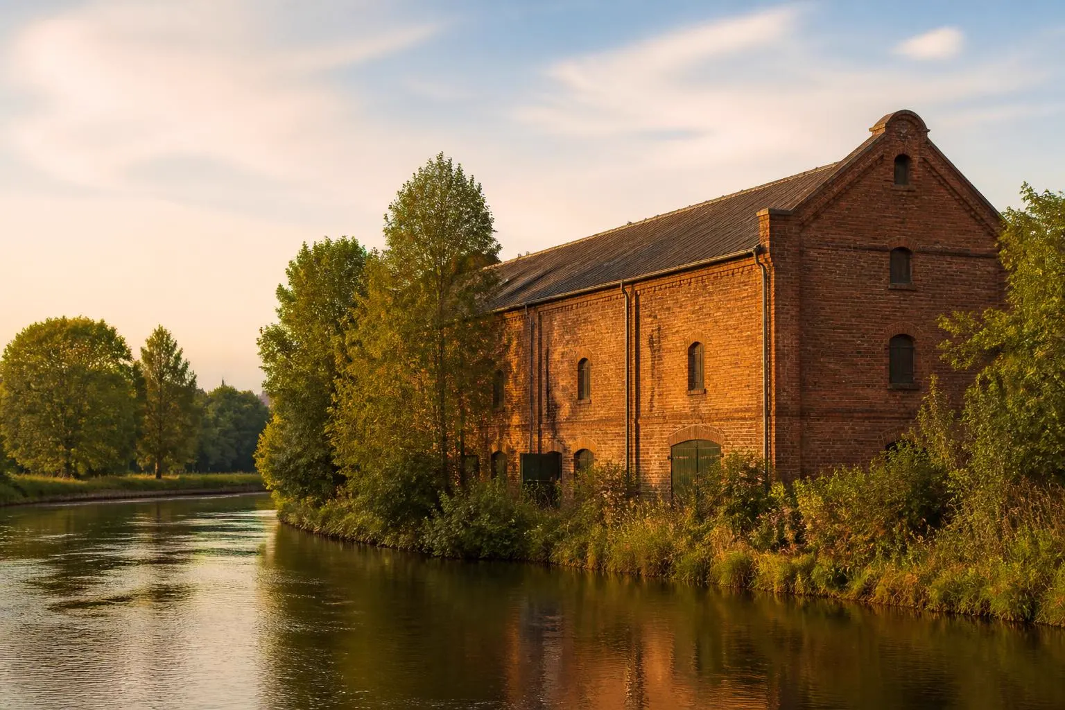 Ruhiger Flusslauf mit einem alten Backsteinspeicher am Ufer im Abendlicht