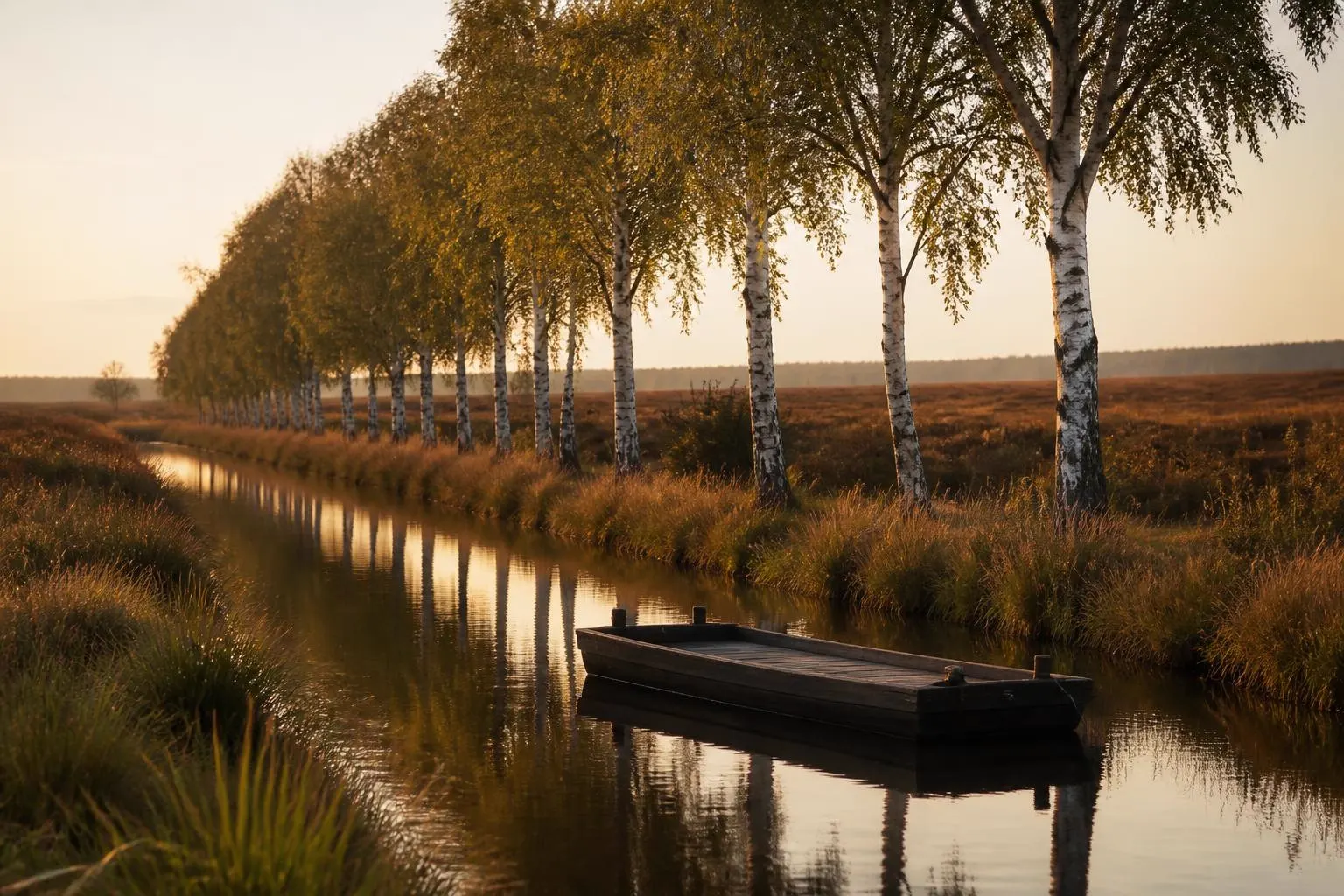 Birkenreihe an einem Moorkanal, auf dem Wasser die Silhouette eines flachen Holzkahns