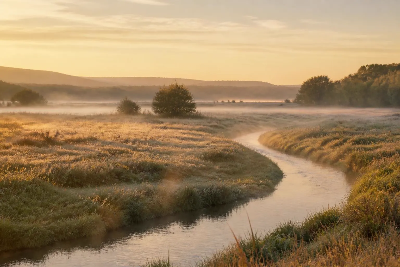 Weite Flusswiesen mit einem gewundenen Wasserlauf im Morgennebel