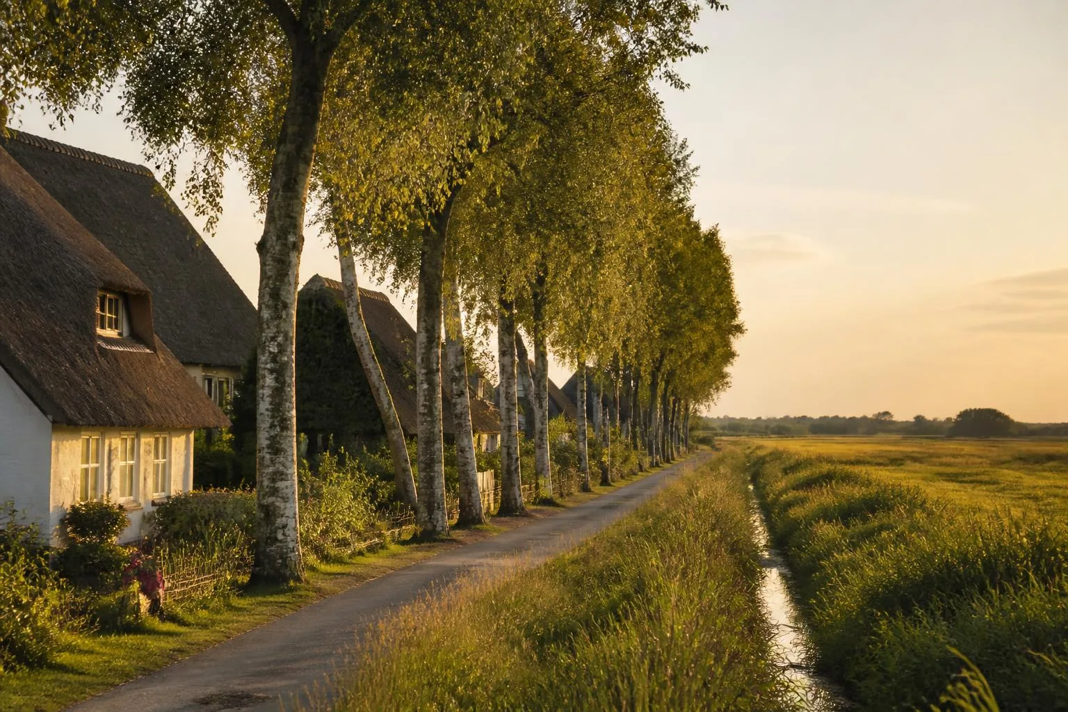 Reetgedeckte Häuser an einer Birkenallee, daneben ein Graben und weite Moorwiesen bis zum Horizont