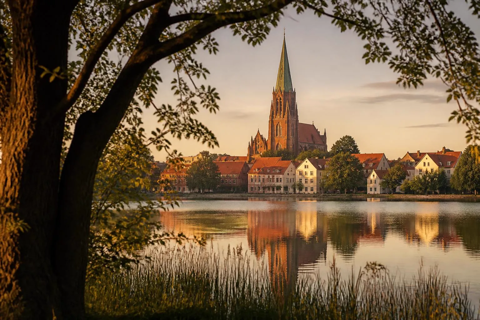 Backsteinkirche mit hoher Turmspitze über roten Dächern, gespiegelt in einem stillen See
