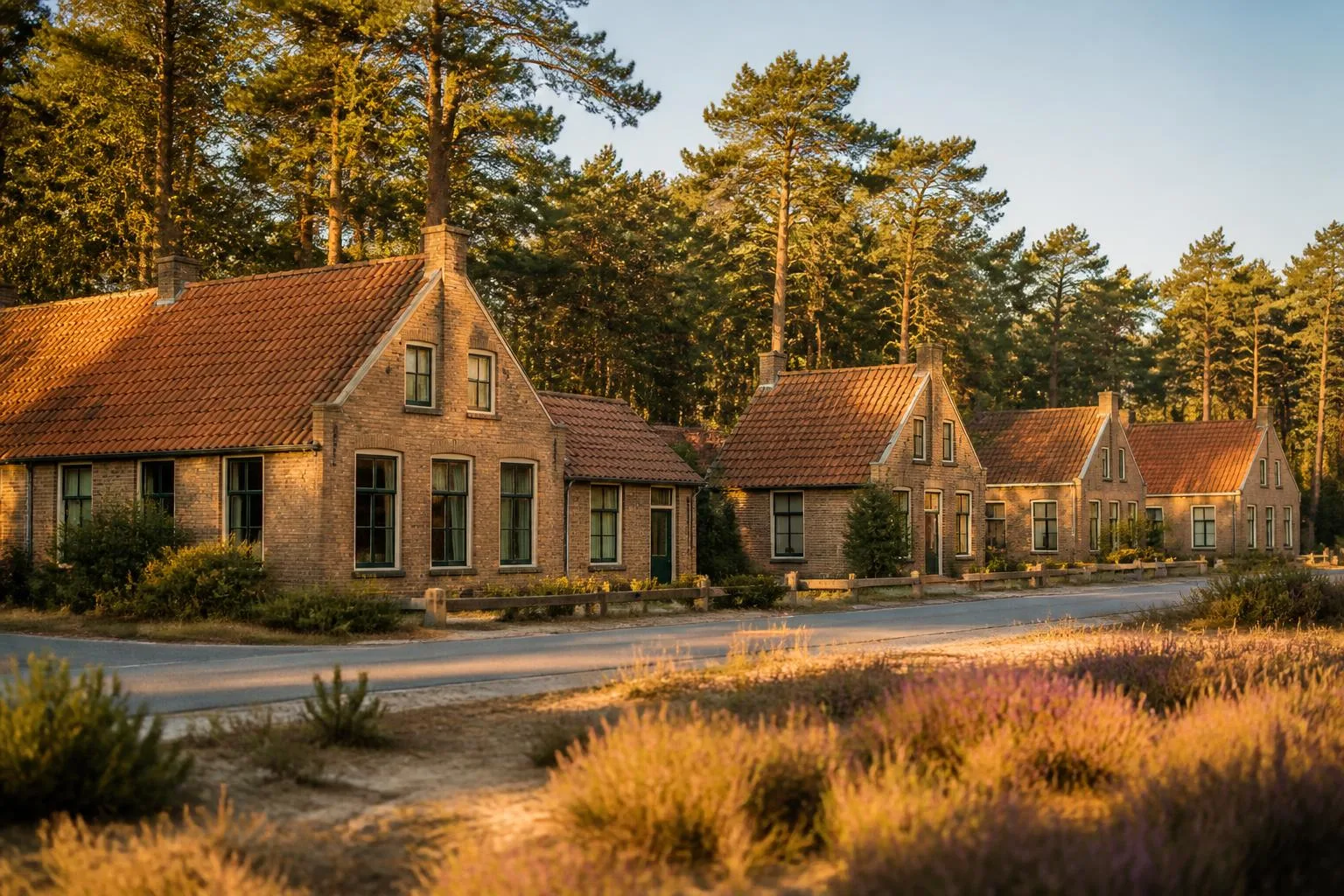 Niedrige Backsteinhäuser an einer stillen Straße, dicht dahinter hoher Kiefernwald und Heide am Rand