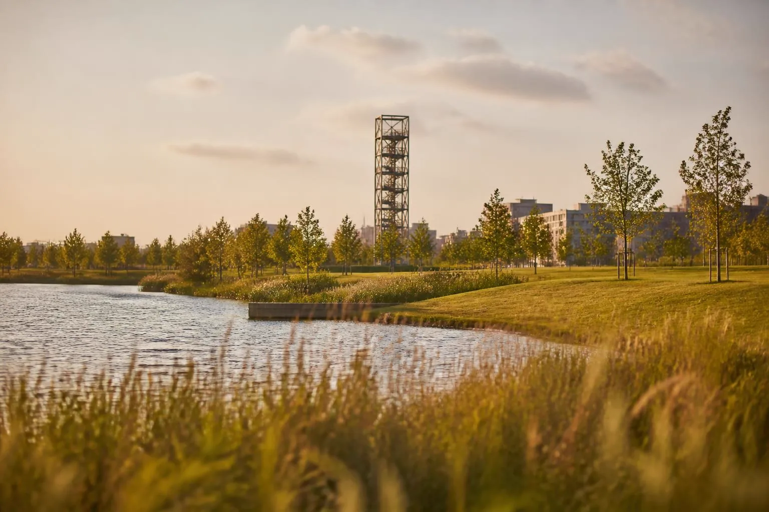 Moderner Stadtpark mit See, Wiesen und einem schlanken offenen Aussichtsturm