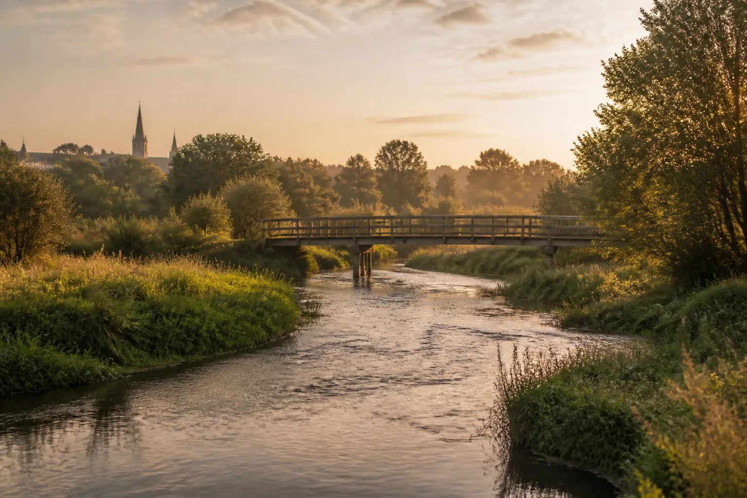 Kleiner Fluss durch feuchte Wiesen mit hölzerner Fußgängerbrücke, Kirchturmspitzen in der Ferne