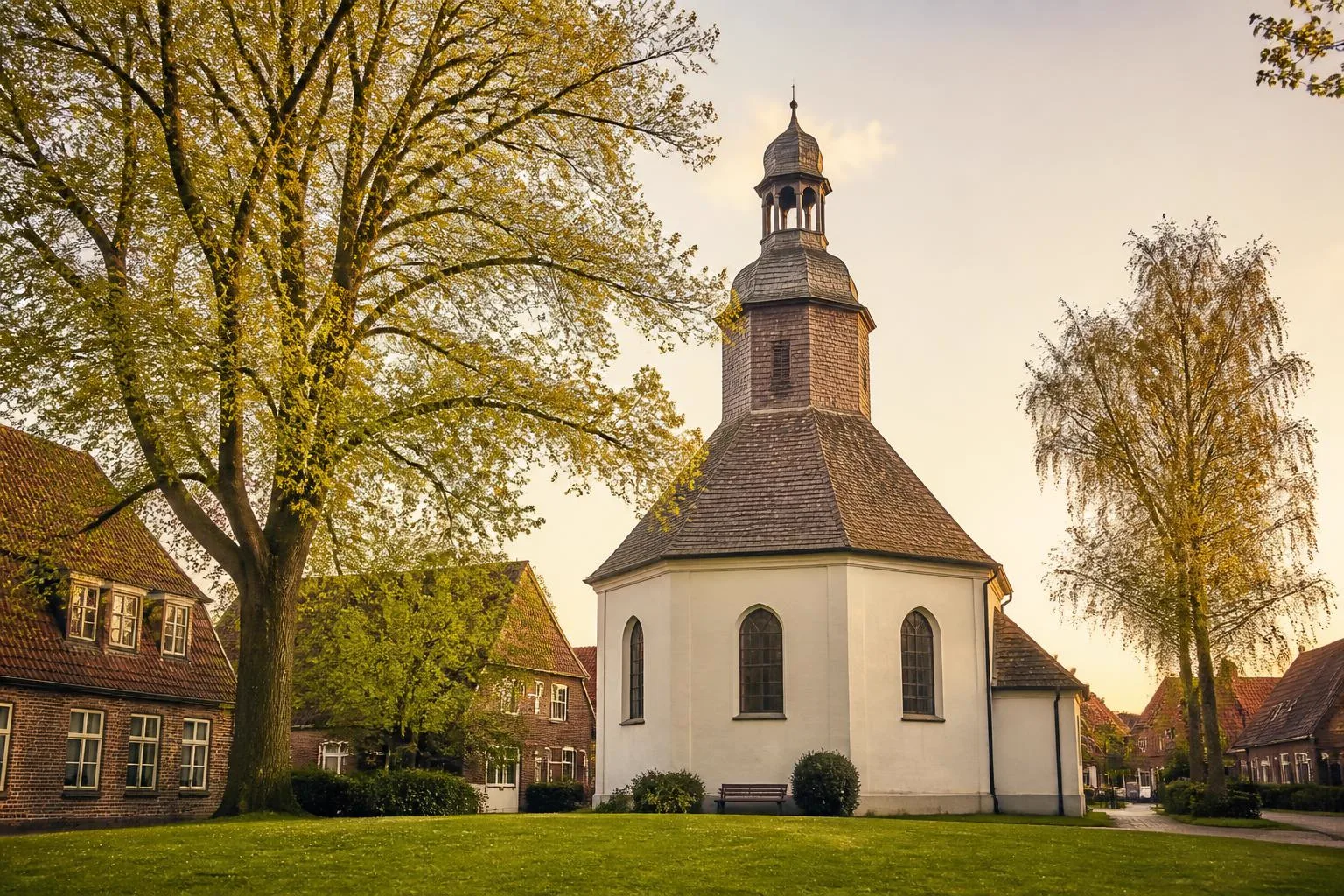 Achteckige weiße Kirche mit Schindelturm auf einer Wiese, ringsum Backsteinhäuser und alte Bäume