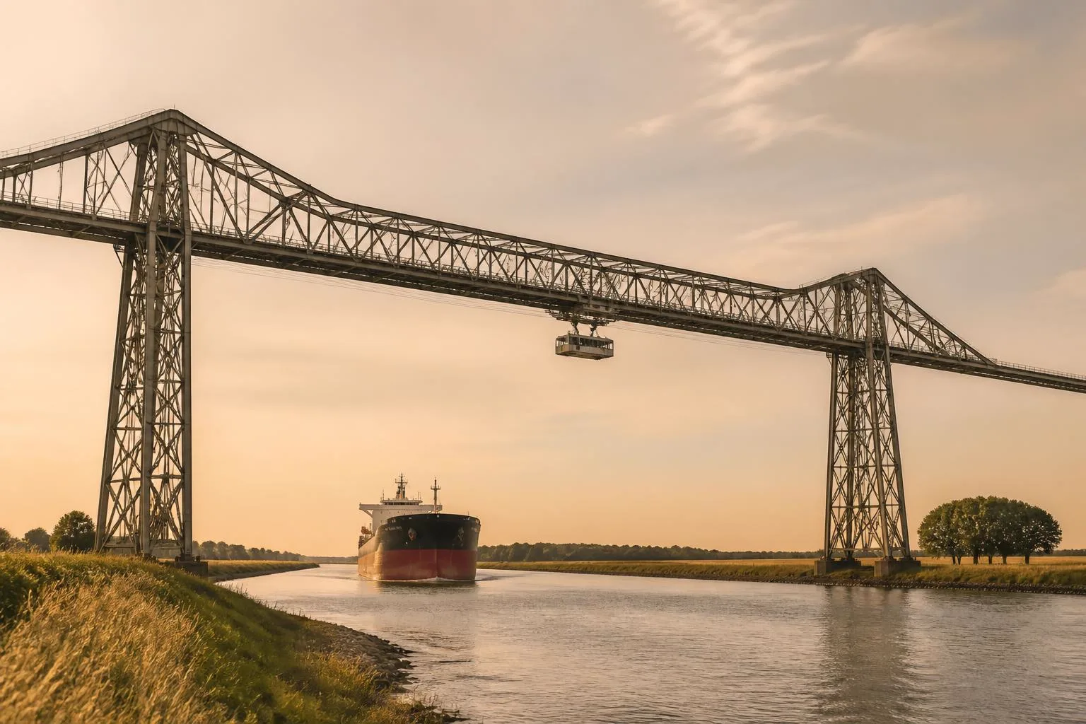 Stählerne Hochbrücke mit Schwebefähre über einem breiten Kanal, ein Frachtschiff darunter