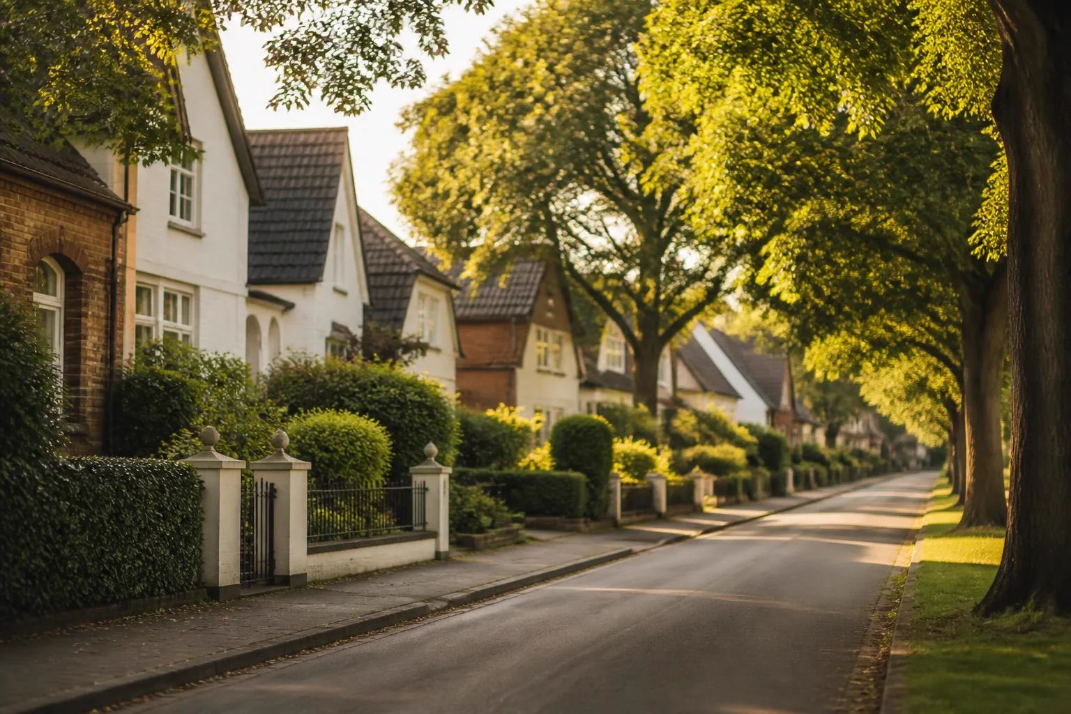 Ruhige Wohnstraße mit weißen und roten Backsteinhäusern, Vorgärten und alten Eichen