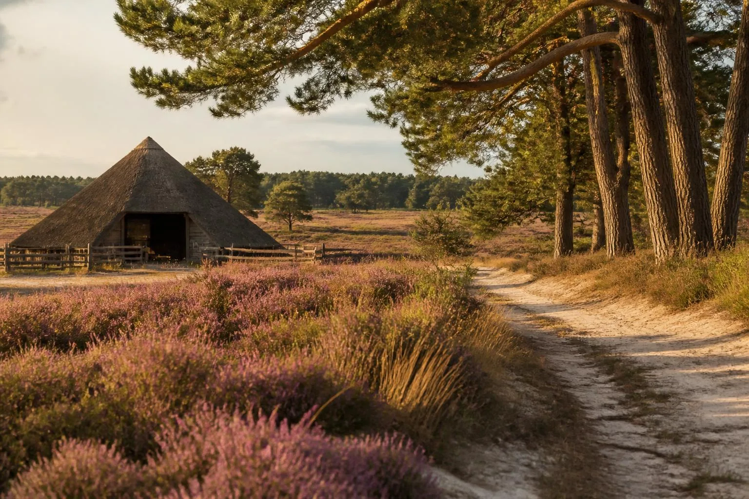 Reetgedeckter Heidestall am Rand blühender Heideflächen, daneben alte Kiefern und ein Sandweg