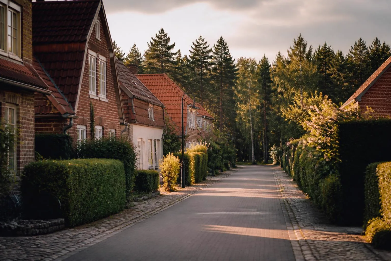 Ruhige Straße mit Backsteinhäusern und Hecken, die in Kiefern- und Birkenwald übergeht