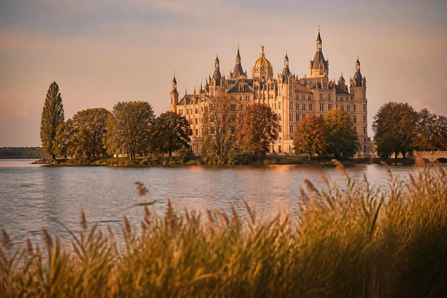 Verspieltes Schloss mit Türmchen und goldener Kuppel auf einer bewaldeten Insel im See, davor Schilf