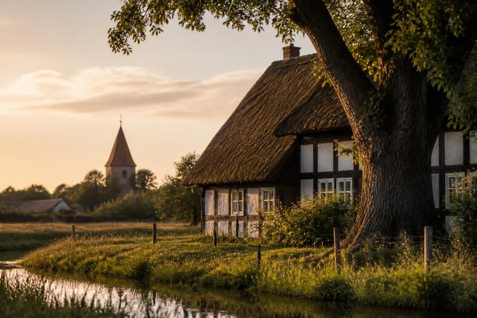 Reetgedecktes Fachwerkhaus unter einer alten Eiche, dahinter Wiesen, ein Bach und ein kleiner Kirchturm