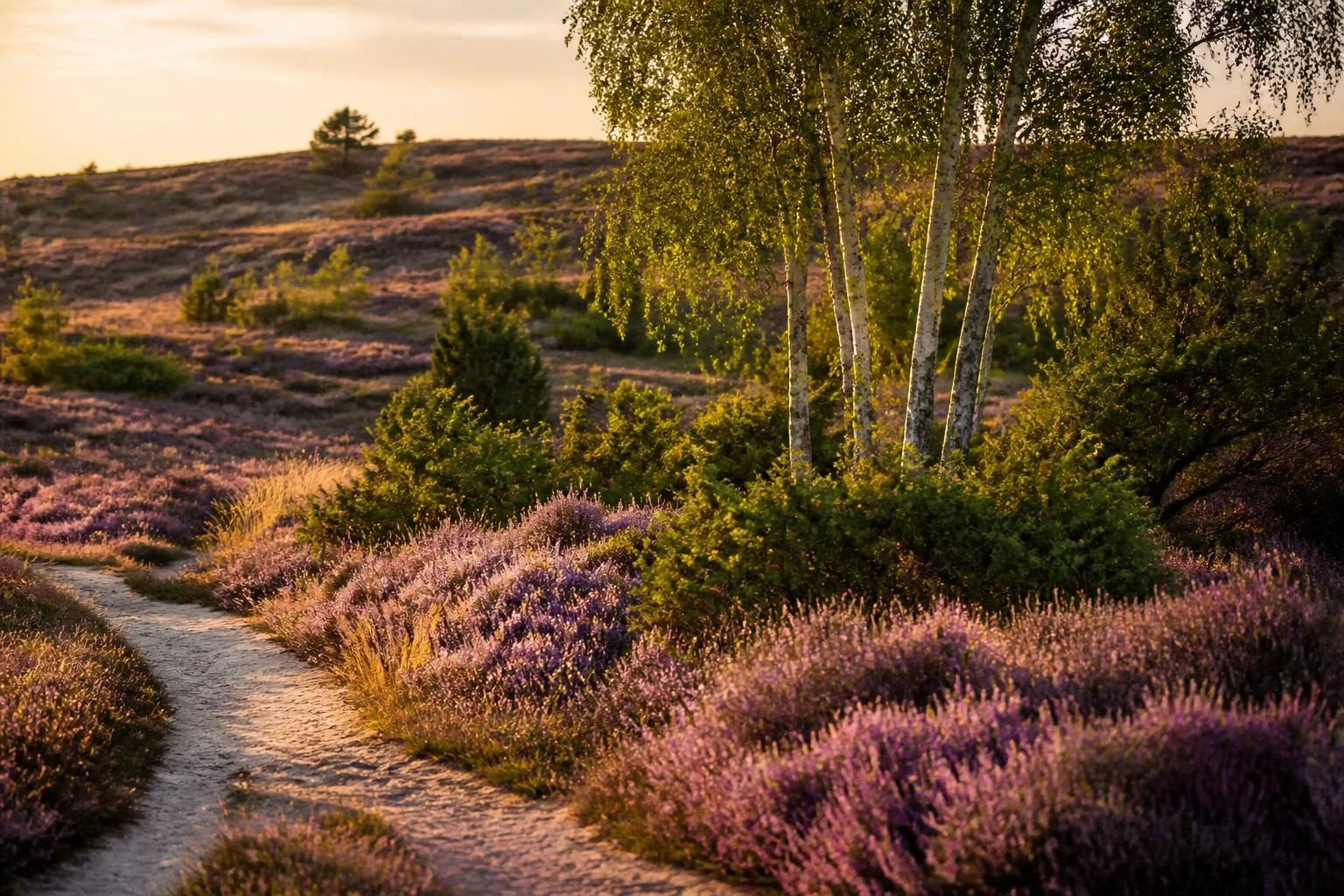 Blühende Heidefläche mit Wacholder, sandigem Pfad und einer Birkengruppe im Abendlicht