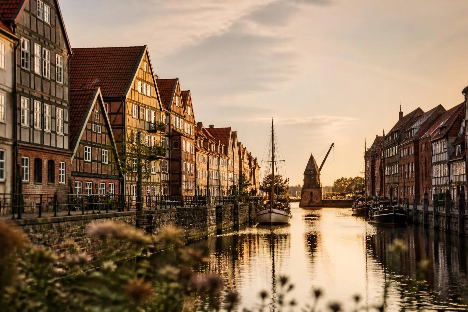 Fachwerk- und Backsteinhäuser mit hohen Giebeln beidseits eines alten Hafenbeckens, ein Segelboot im Wasser