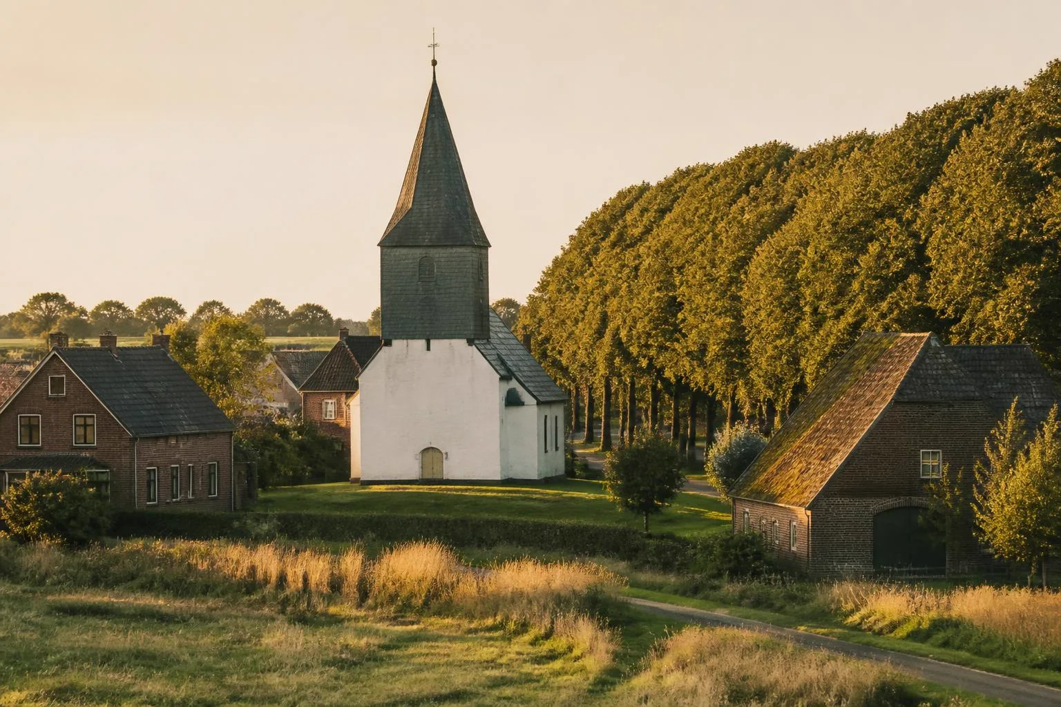 Weiße Dorfkirche mit Schindelturm, Backsteinhäuser und eine Lindenallee an der Feldmark
