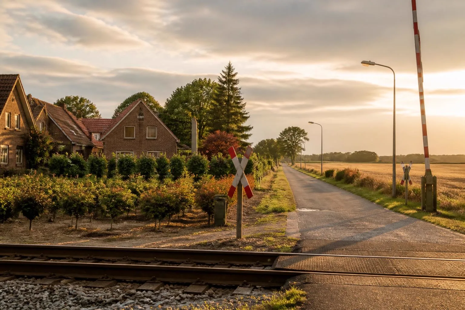 Backsteinhäuser an einem Bahnübergang, daneben Baumschulreihen und offene Felder