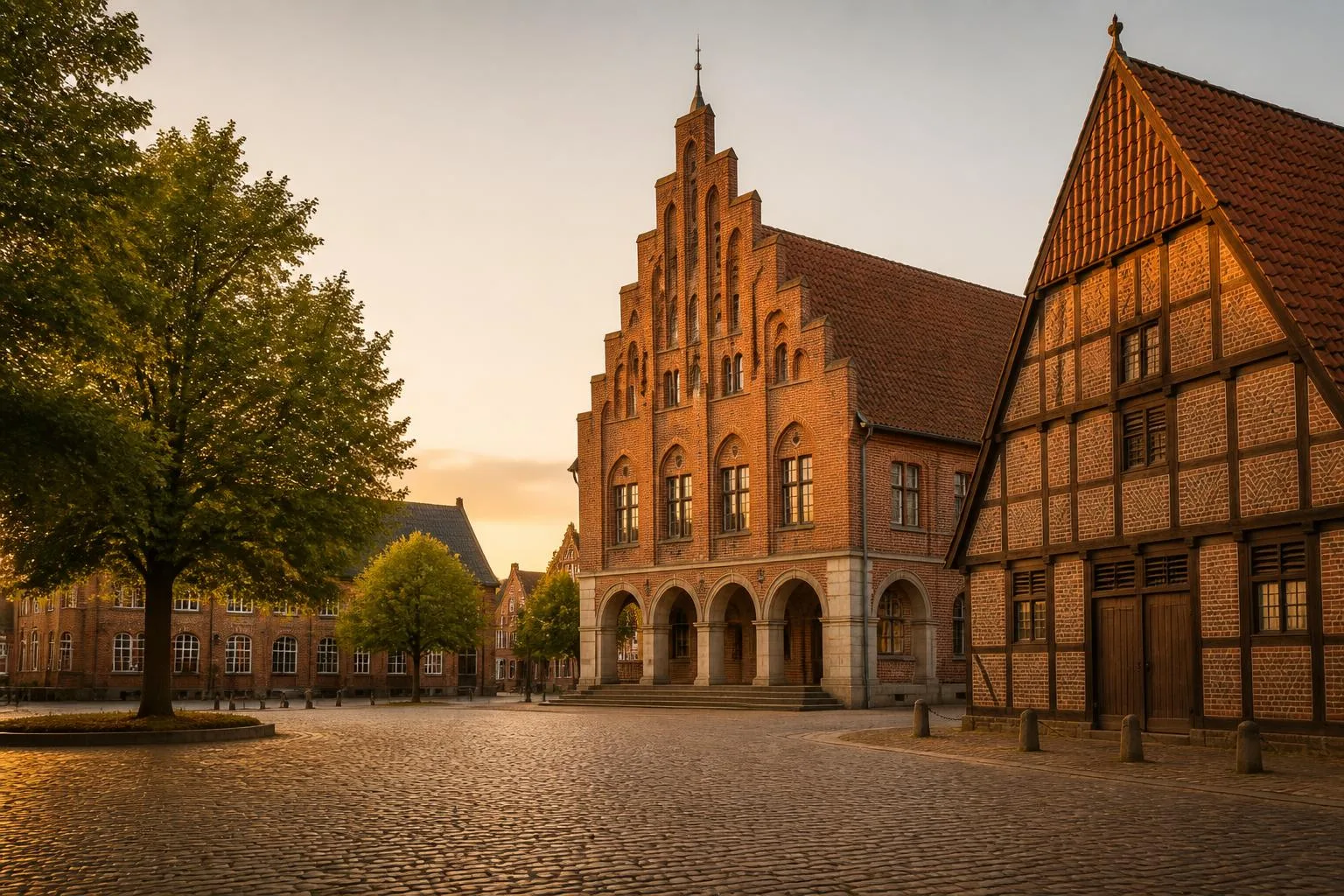 Backsteingiebel und ein Fachwerkspeicher an einem gepflasterten Platz mit alten Linden