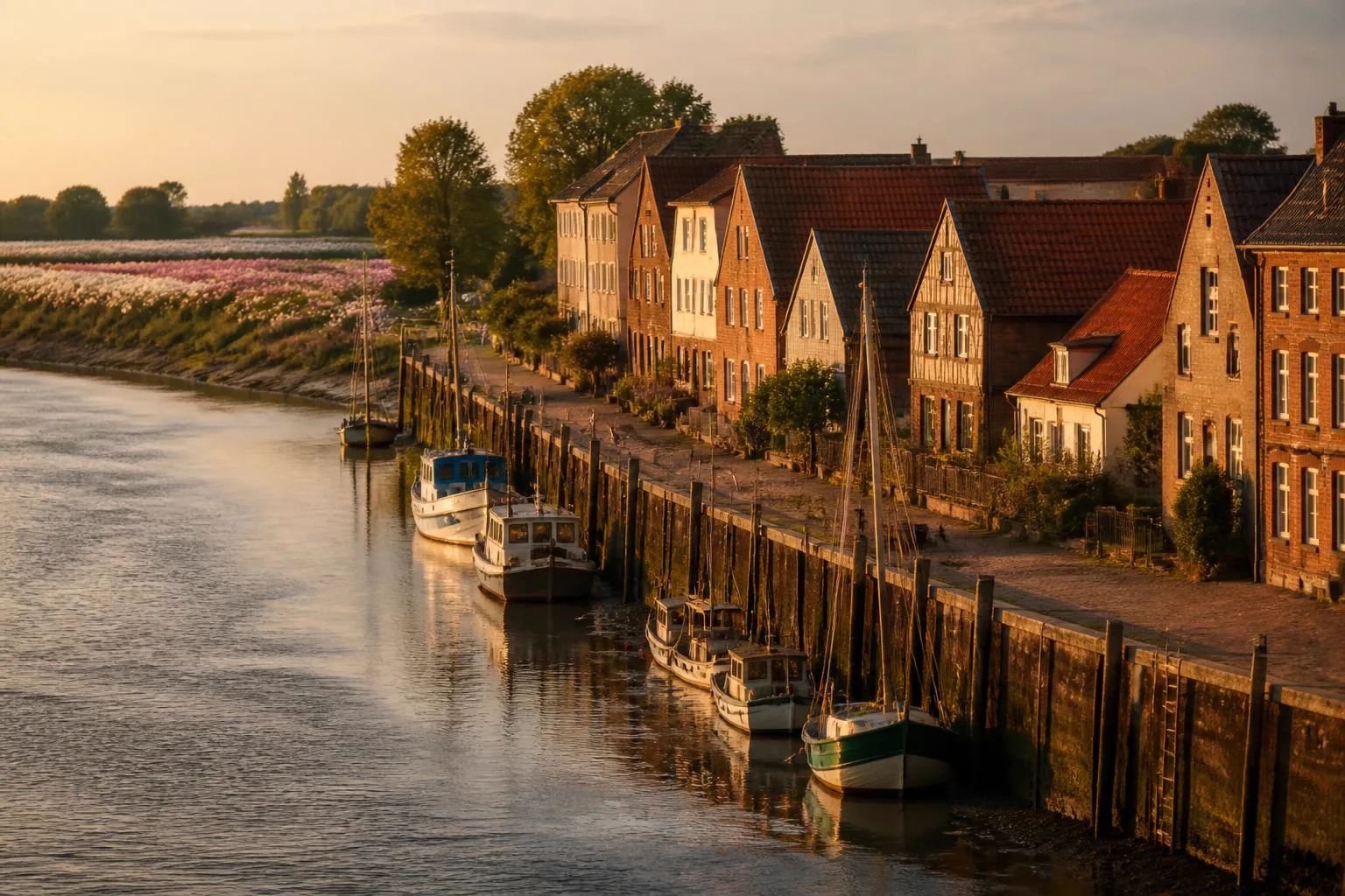 Kai mit vertäuten Booten an einem schmalen Fluss, Giebelhäuser und blühende Rosenfelder am Ortsrand