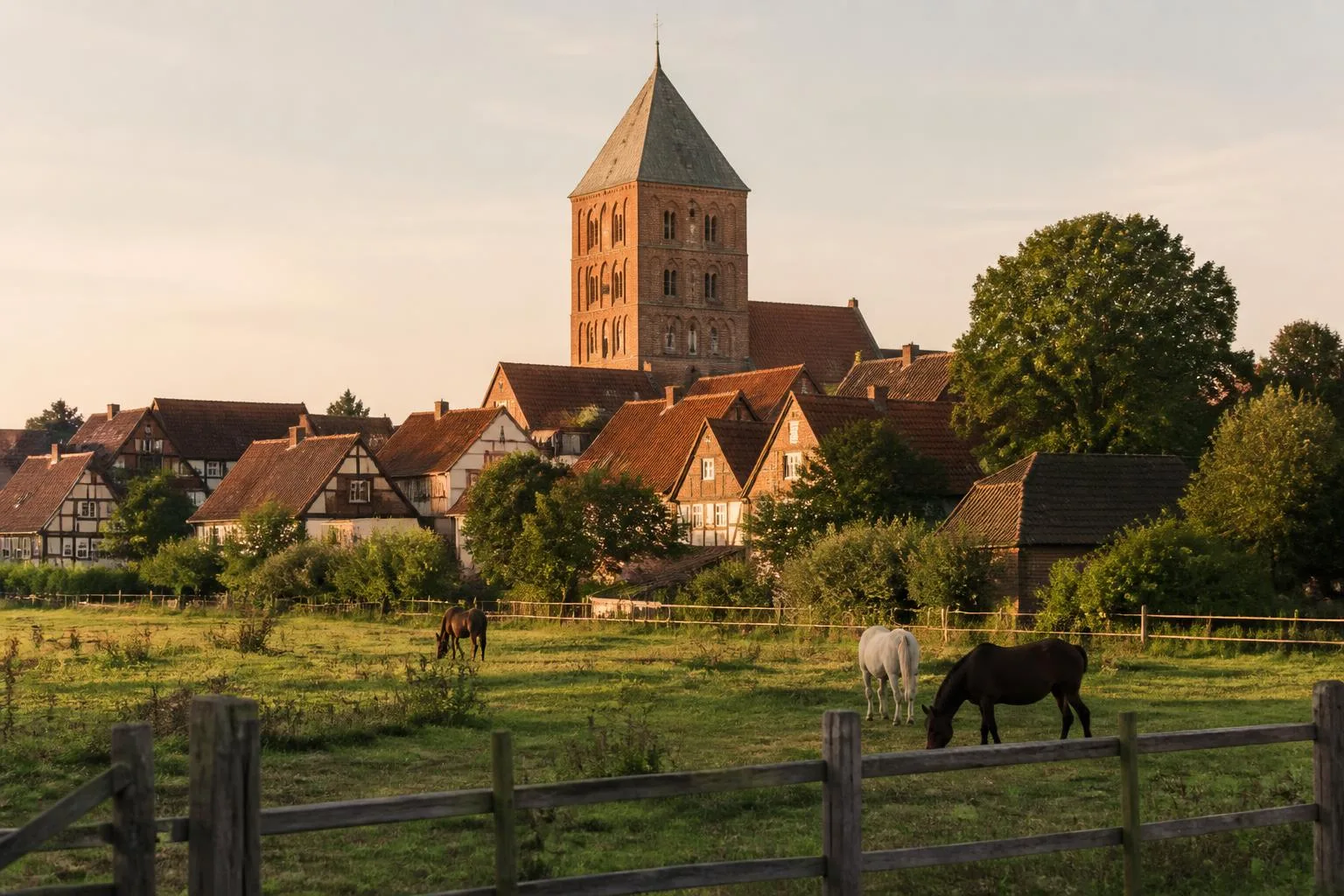 Romanischer Backsteinturm über Fachwerkdächern, davor eine Pferdekoppel mit Holzzaun