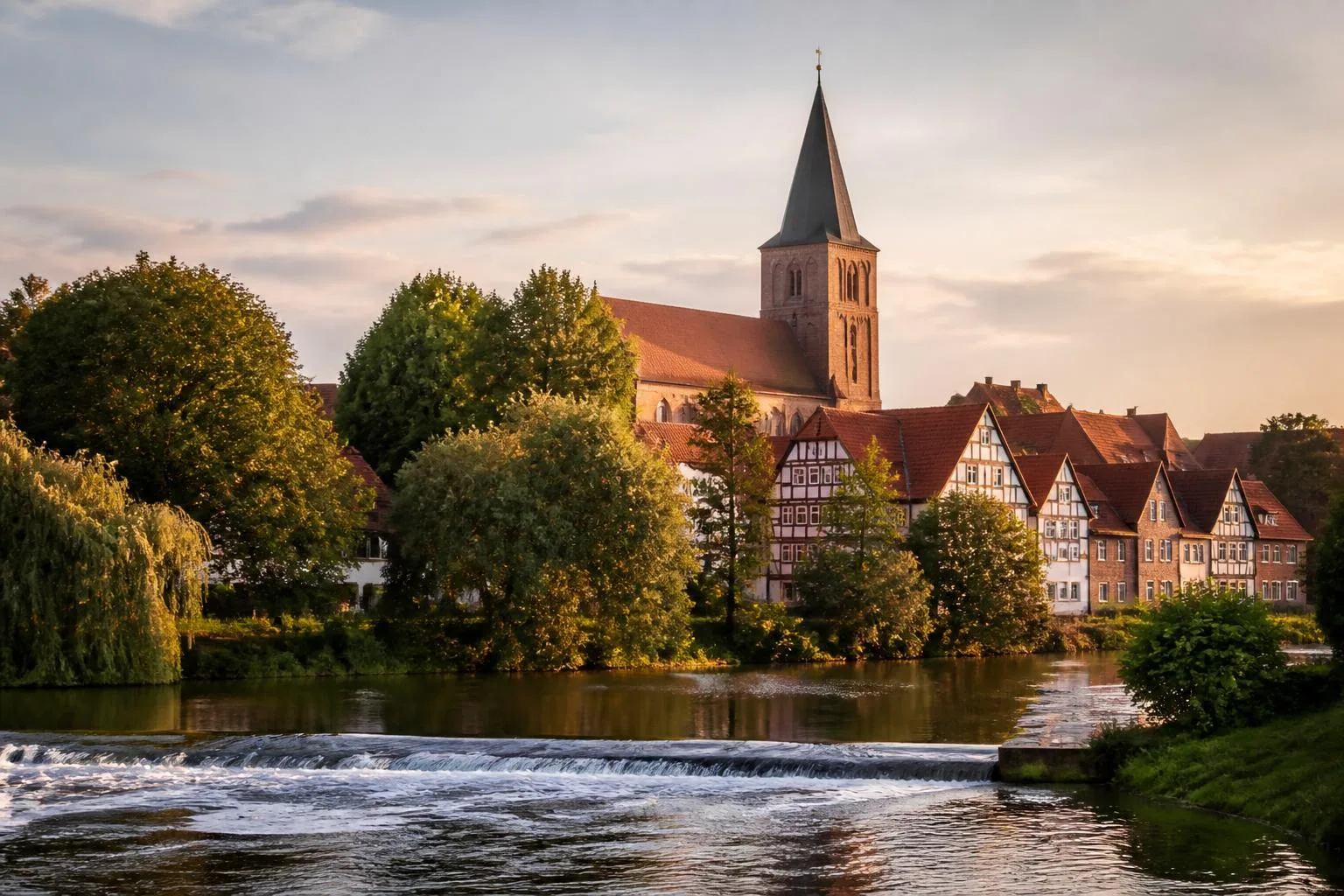 Kirchturm und Fachwerkhäuser über einem Flussufer mit Weiden und einem kleinen Wehr